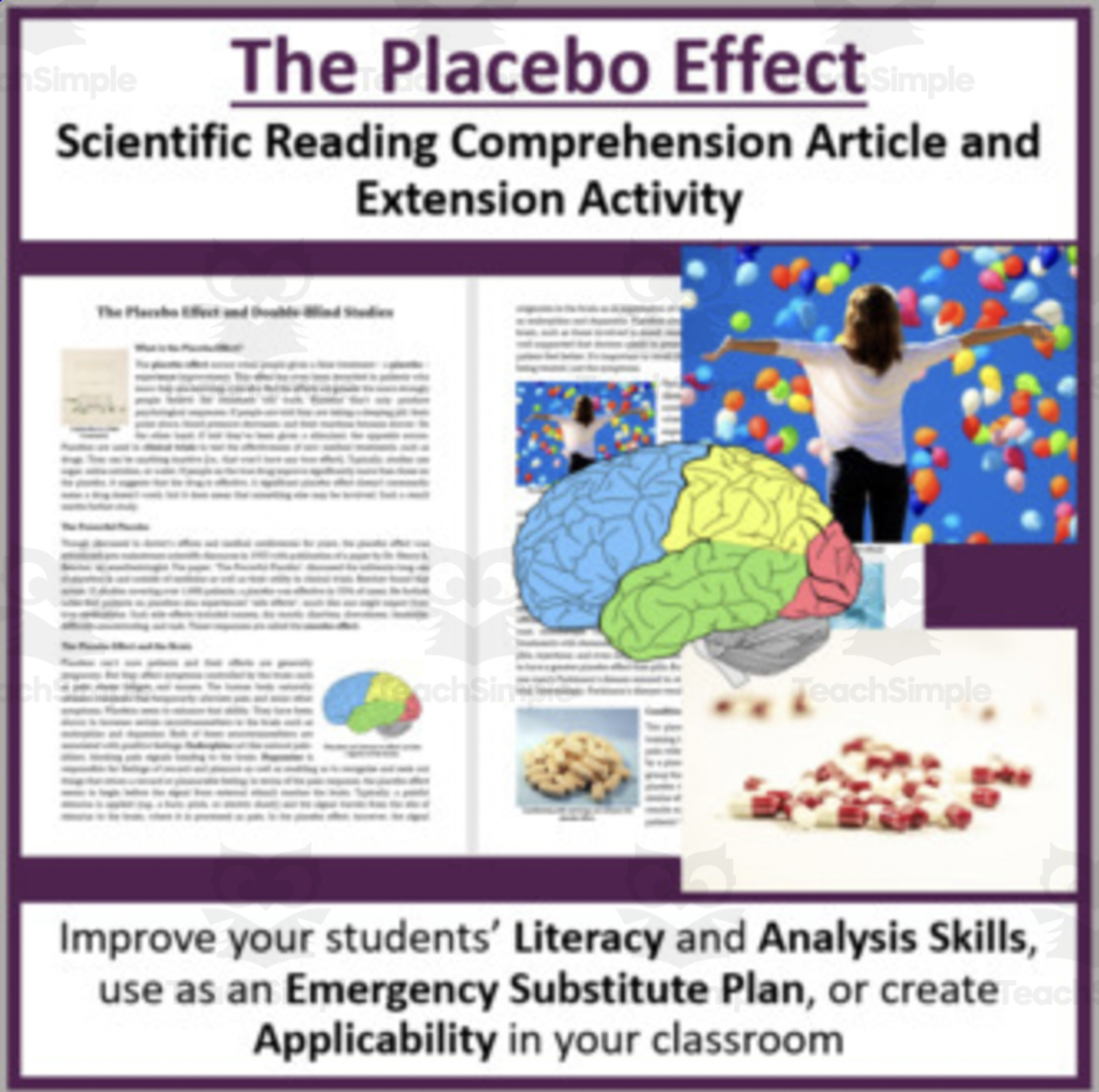 An educational teaching resource from Teach With Fergy entitled The Placebo Effect Reading Comprehension Article - Grade 8 and Up downloadable at Teach Simple.