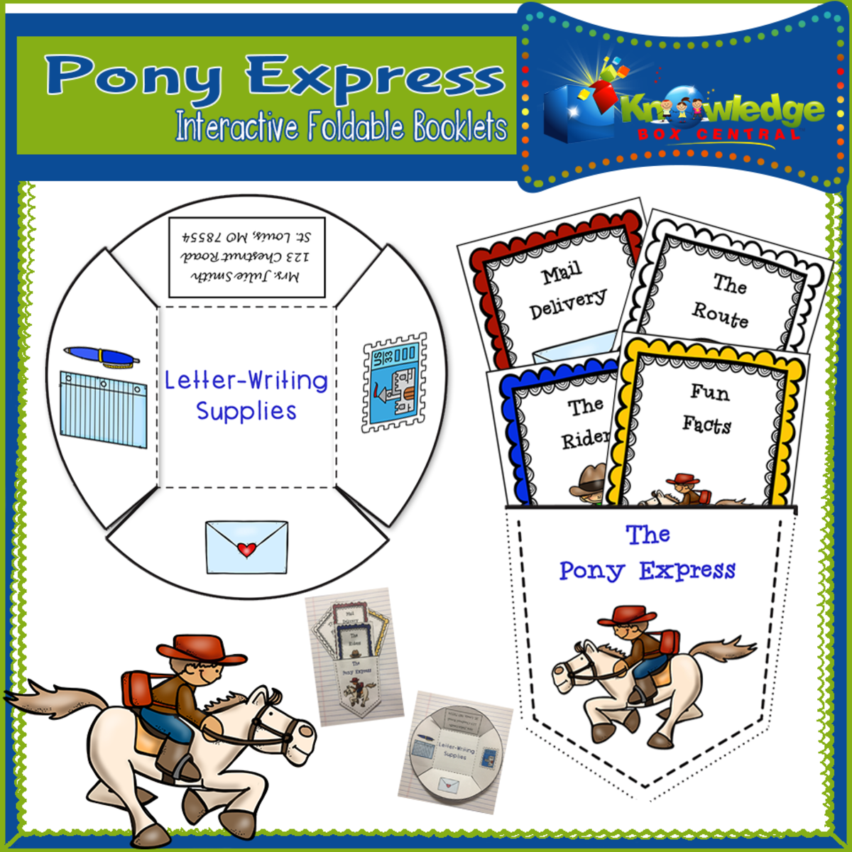 An educational teaching resource from Knowledge Box Central entitled The Pony Express Interactive Foldable Booklets - EBOOK downloadable at Teach Simple.