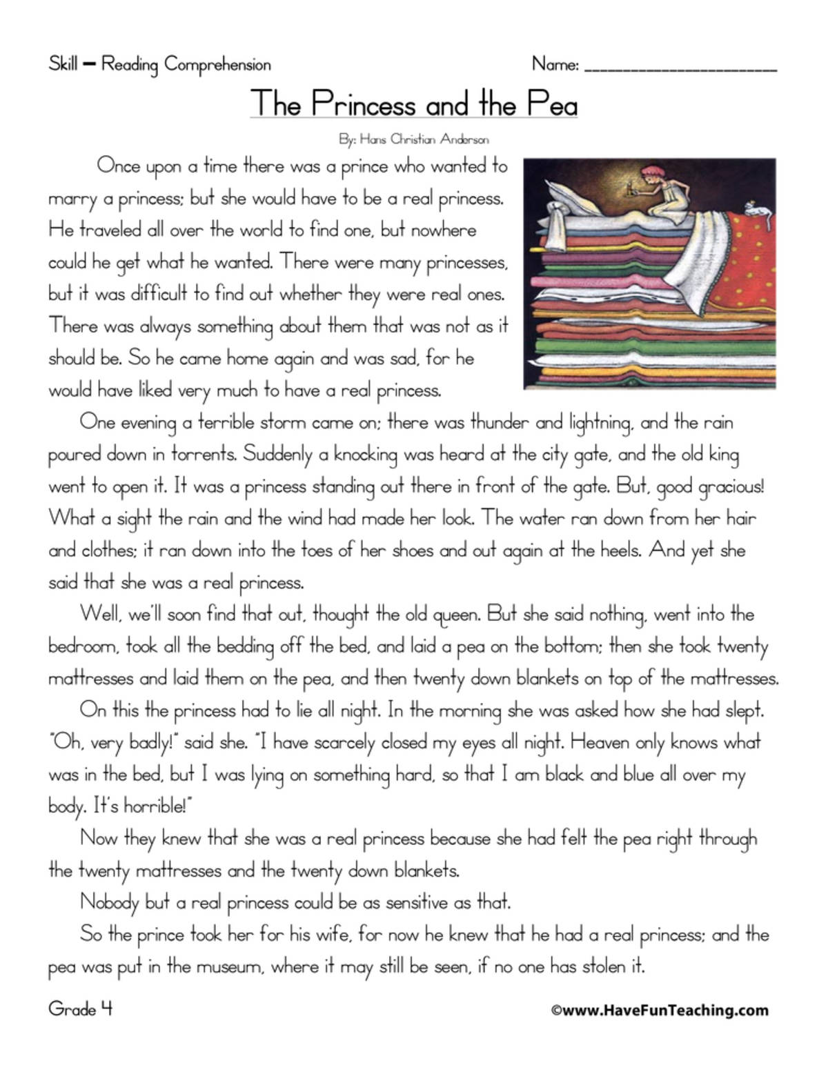 An educational teaching resource from Have Fun Teaching entitled The Princess and the Pea Reading Comprehension Worksheet downloadable at Teach Simple.
