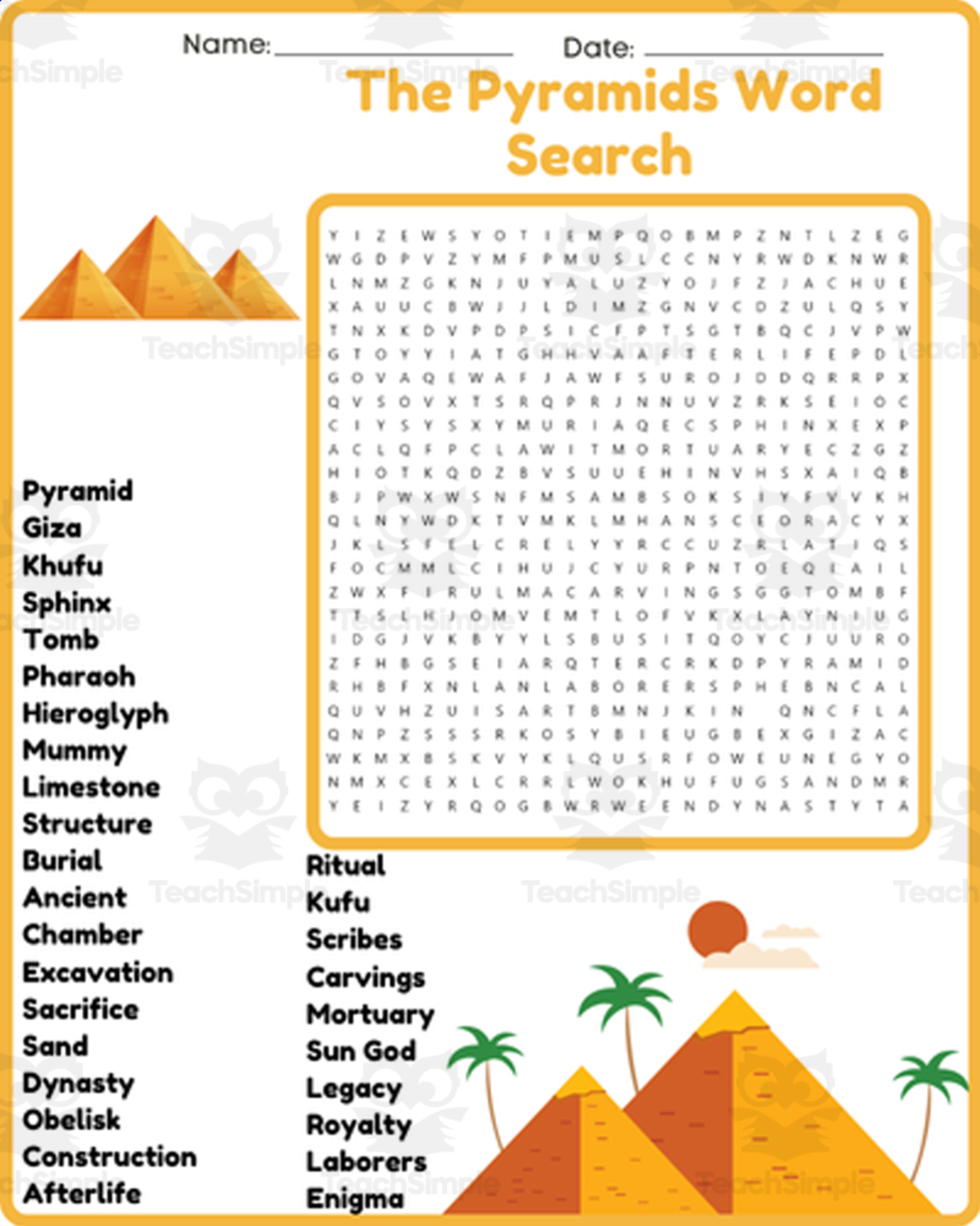 An educational teaching resource from space shope entitled The Pyramids Search Worksheet Activities (3rd, 4th, 5th & 6th Grade) downloadable at Teach Simple.