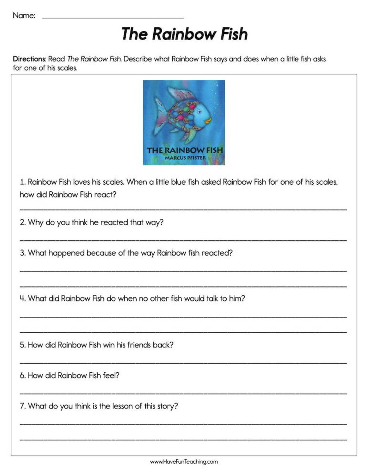 An educational teaching resource from Have Fun Teaching entitled The Rainbow Fish Worksheet downloadable at Teach Simple.