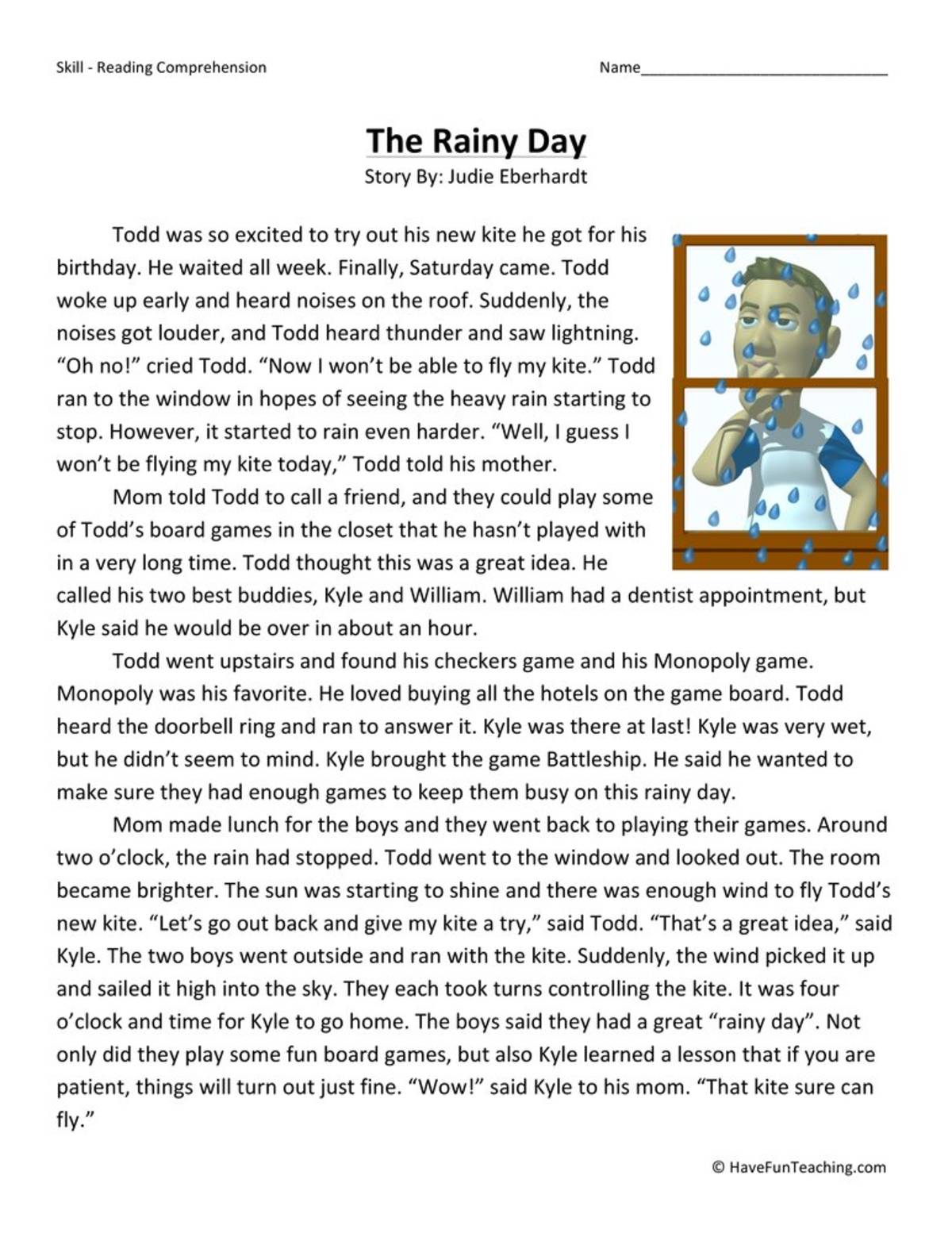 An educational teaching resource from Have Fun Teaching entitled The Rainy Day Reading Comprehension Worksheet downloadable at Teach Simple.