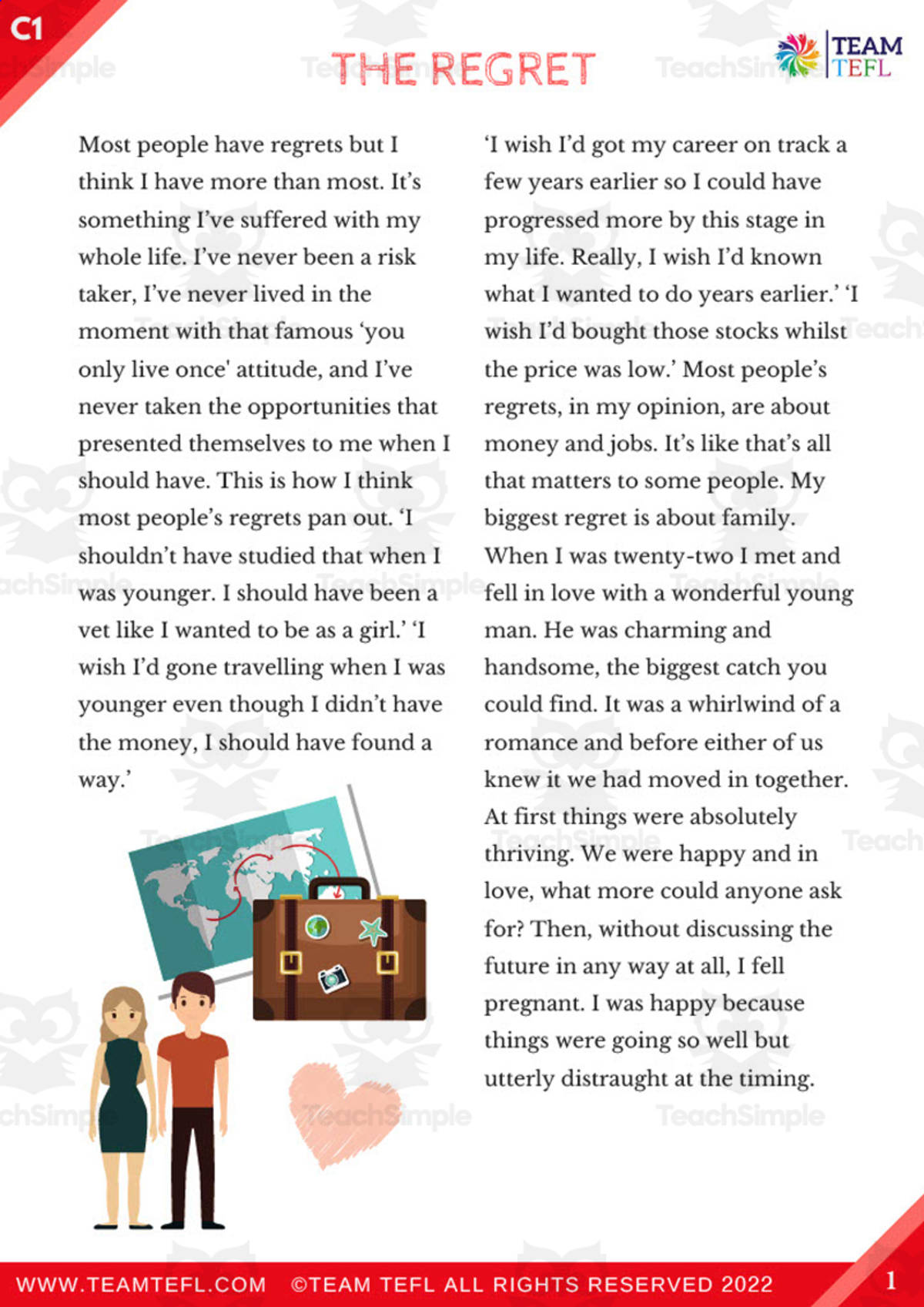 An educational teaching resource from TEAM TEFL entitled The Regret Short Story | Advanced Lesson Plan downloadable at Teach Simple.