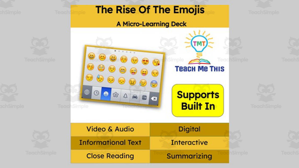 An educational teaching resource from Teach Me This entitled The Rise of The Emojis | Reading Comprehension Deck | Interactive Lesson downloadable at Teach Simple.