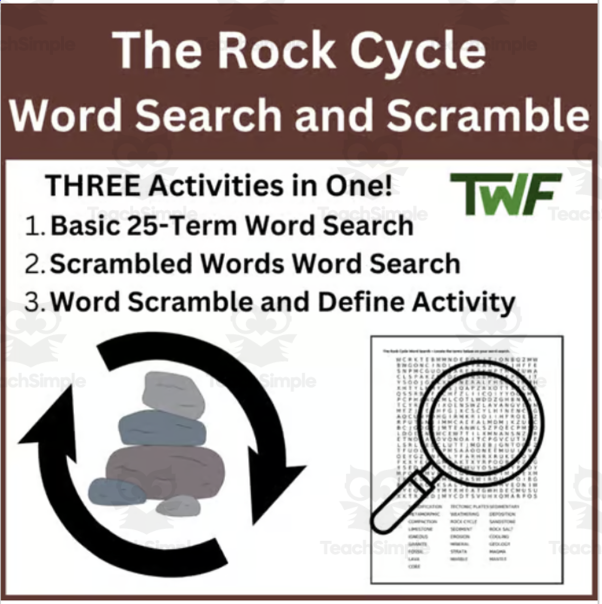 An educational teaching resource from Teach With Fergy entitled The Rock Cycle Word Search and Scramble Activity downloadable at Teach Simple.