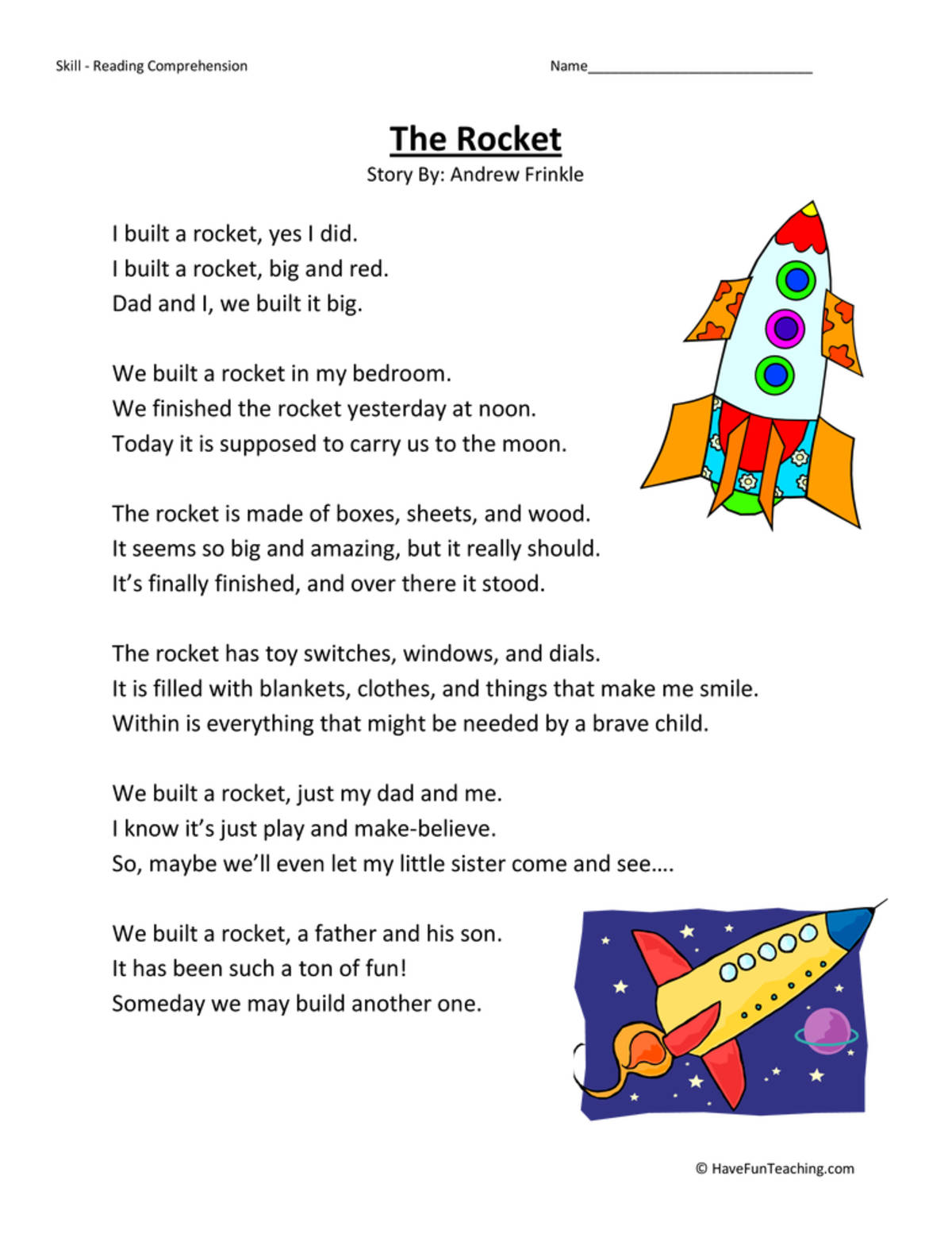 An educational teaching resource from Have Fun Teaching entitled The Rocket Reading Comprehension Worksheet downloadable at Teach Simple.