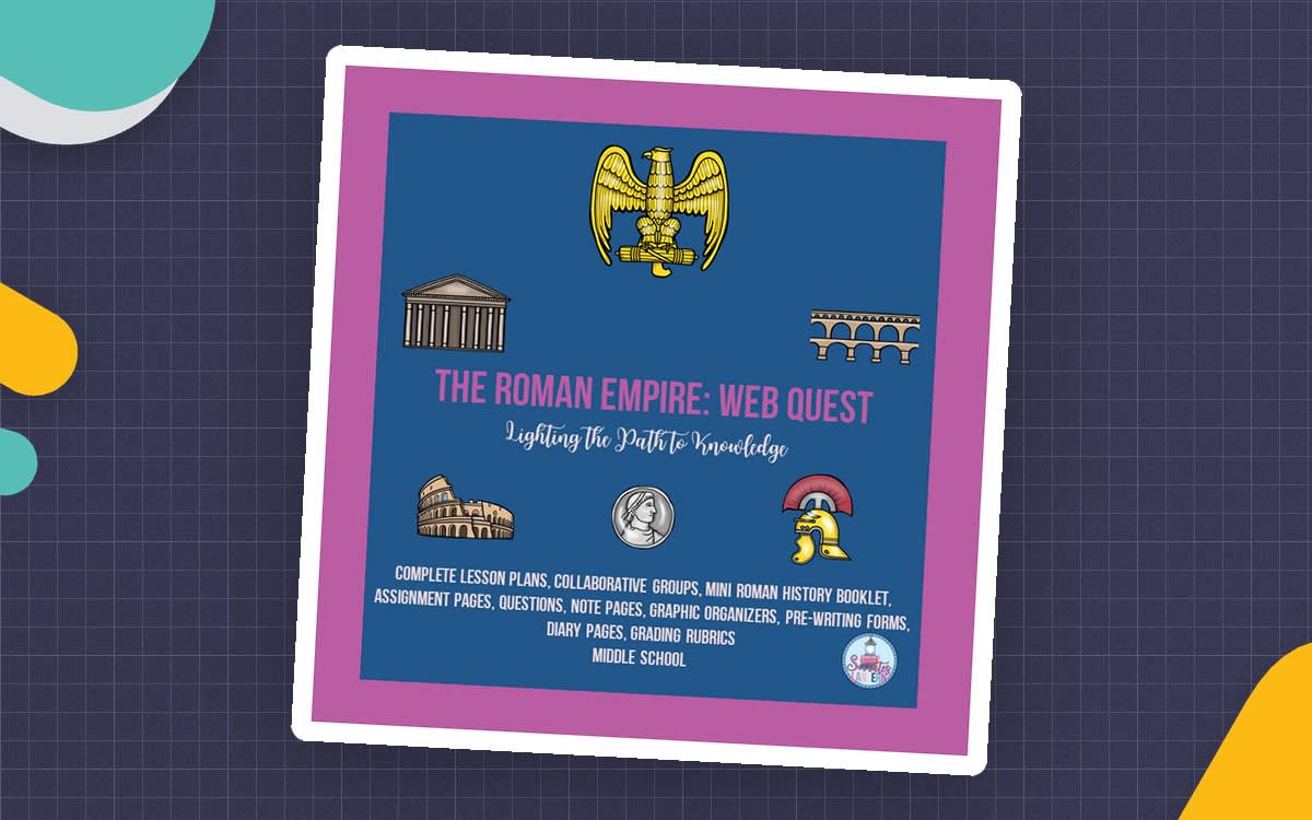 Roman Empire WebQuest cover with a legionary eagle, classical buildings, a portrait, and a Roman helmet.