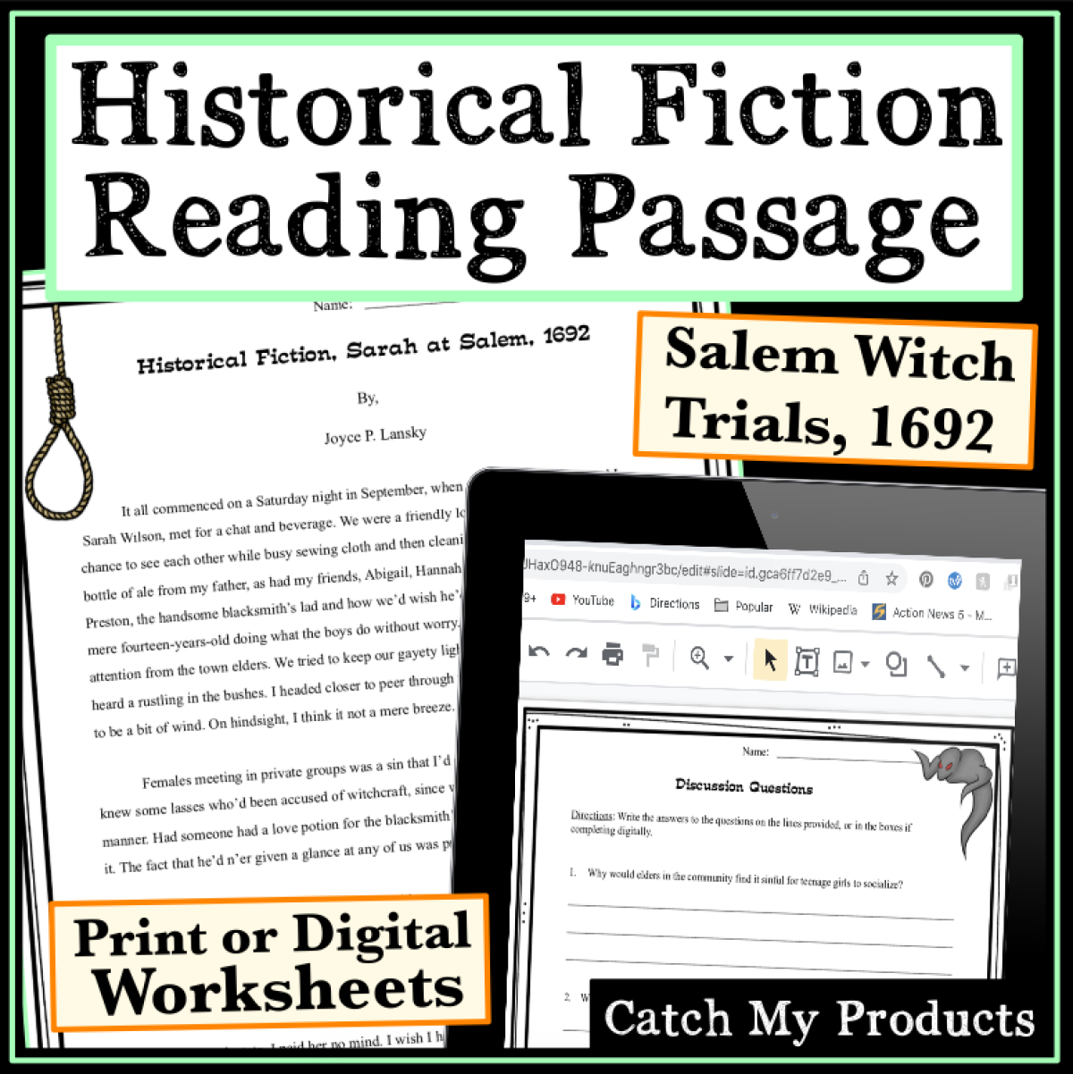 An educational teaching resource from Catch My Products entitled The Salem Witch Trials Historical Fiction Story with Questions downloadable at Teach Simple.