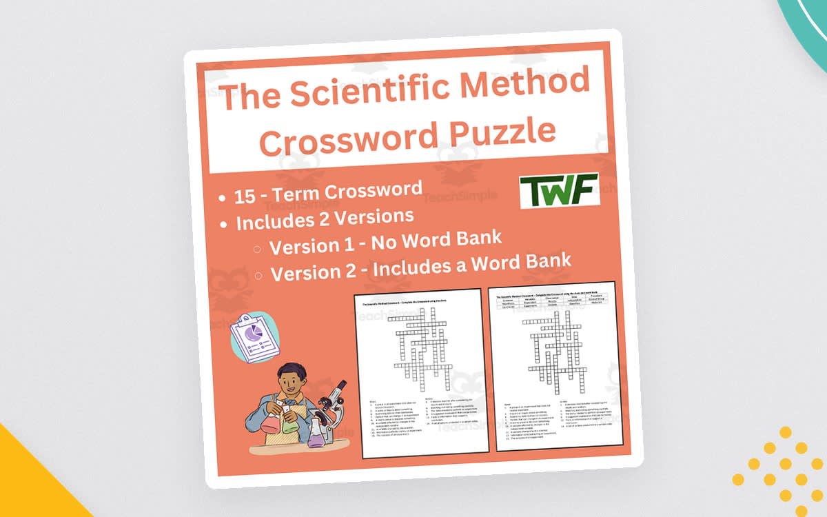 An educational teaching resource from Teach With Fergy entitled The Scientific Method Crossword Puzzle Activity downloadable at Teach Simple.