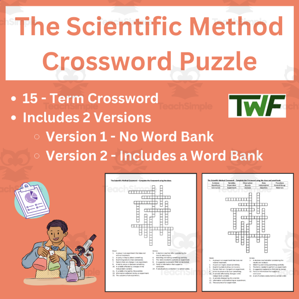 An educational teaching resource from Teach With Fergy entitled The Scientific Method Crossword Puzzle Activity downloadable at Teach Simple.