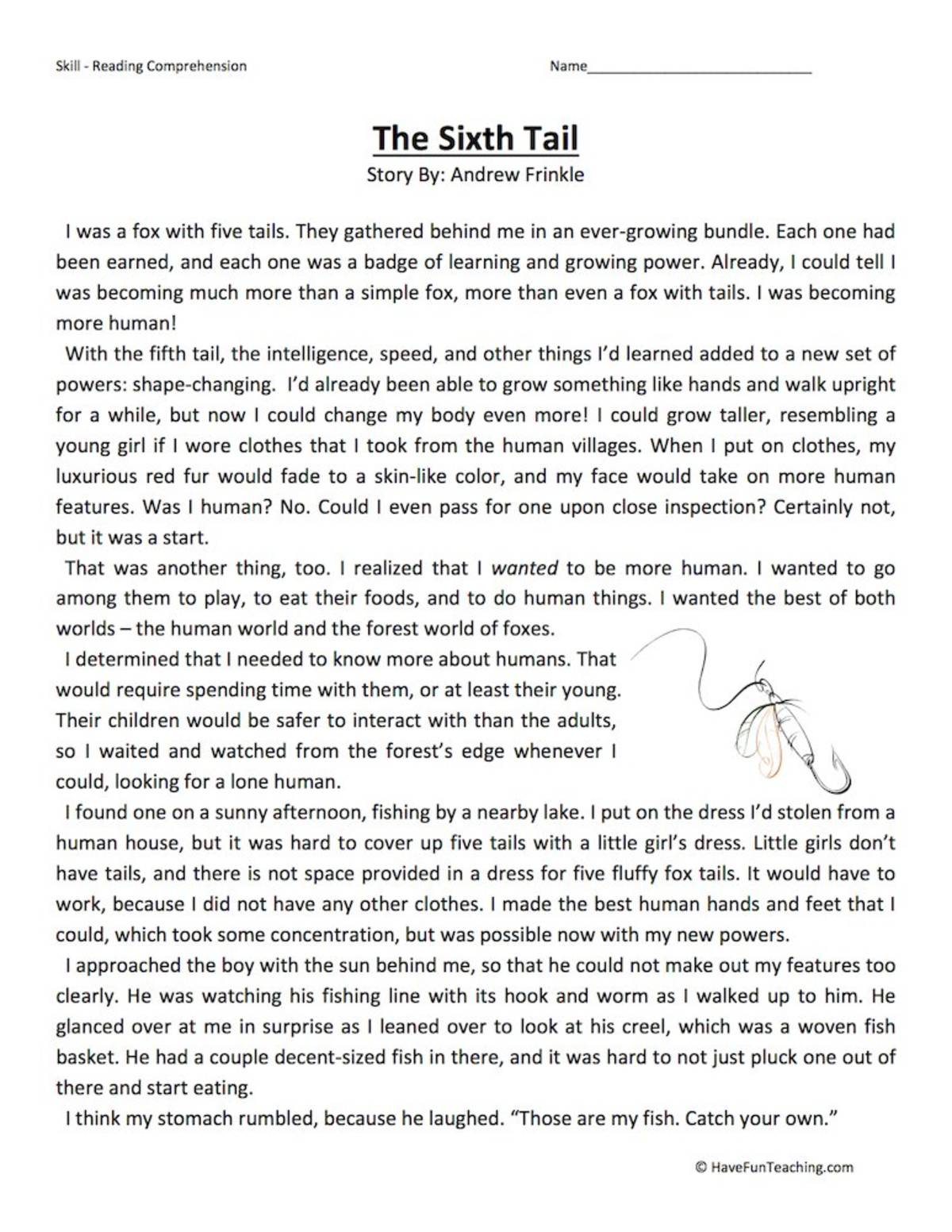 An educational teaching resource from Have Fun Teaching entitled The Sixth Tail Reading Comprehension Worksheet downloadable at Teach Simple.