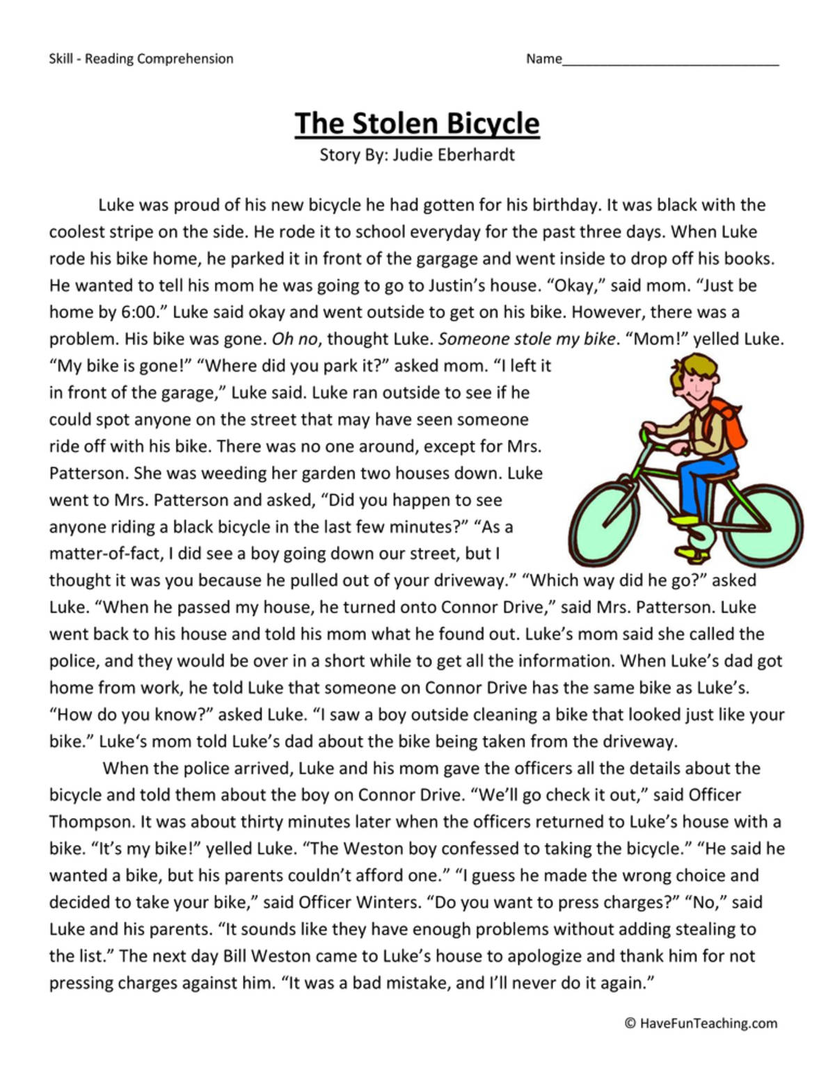 An educational teaching resource from Have Fun Teaching entitled The Stolen Bicycle Reading Comprehension Worksheet downloadable at Teach Simple.