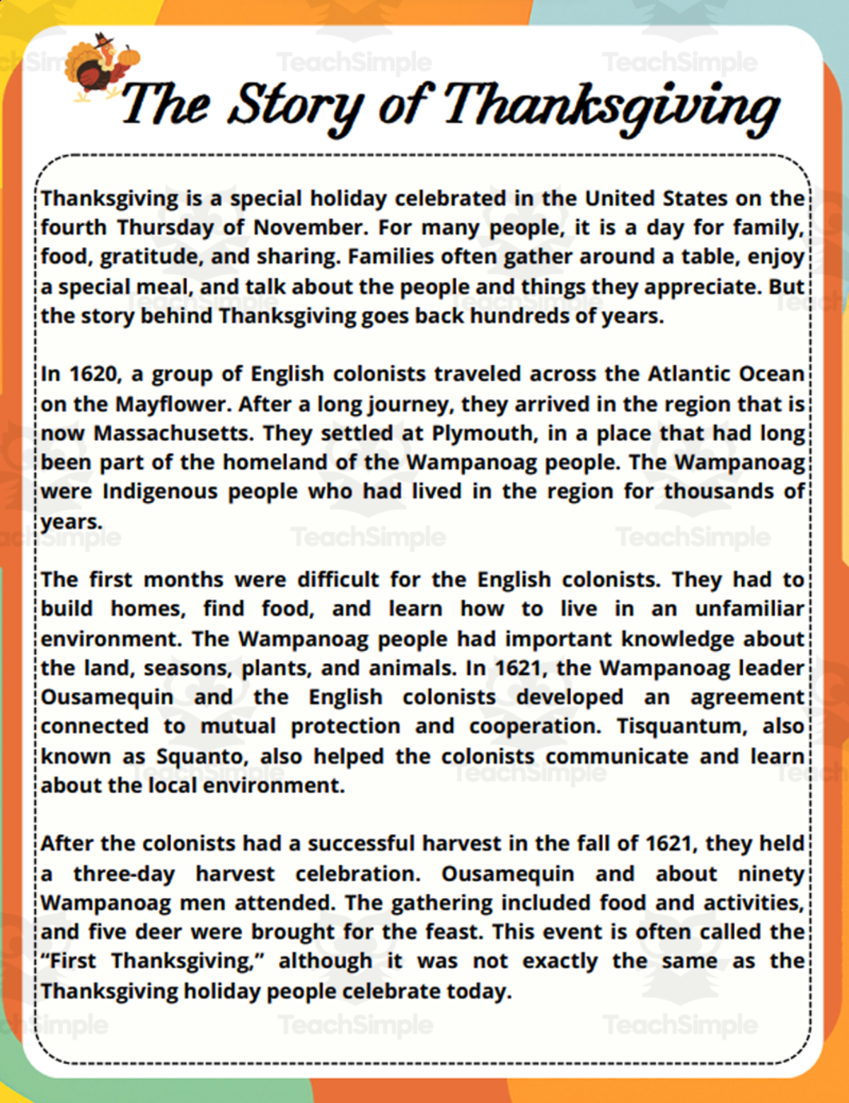 The Story of Thanksgiving Reading Comprehension with Questions preview