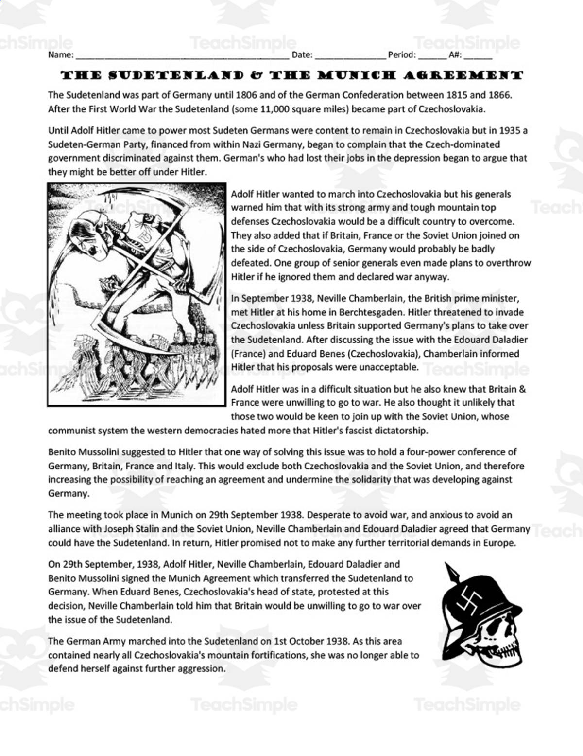 An educational teaching resource from DrDrew entitled The Sudetenland & the Munich Agreement | Comprehension Questions downloadable at Teach Simple.