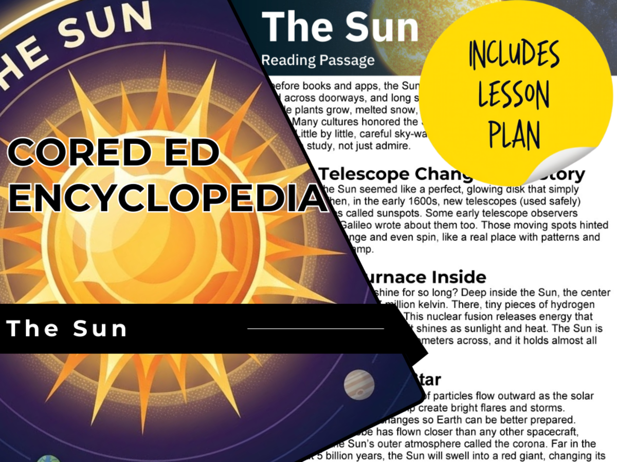 An educational teaching resource from Cored Education entitled The Sun Reading Comprehension Passage - Cored Ed Encyclopedia downloadable at Teach Simple.