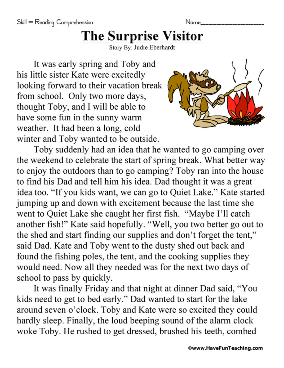 An educational teaching resource from Have Fun Teaching entitled The Surprise Visitor Reading Comprehension Worksheet downloadable at Teach Simple.