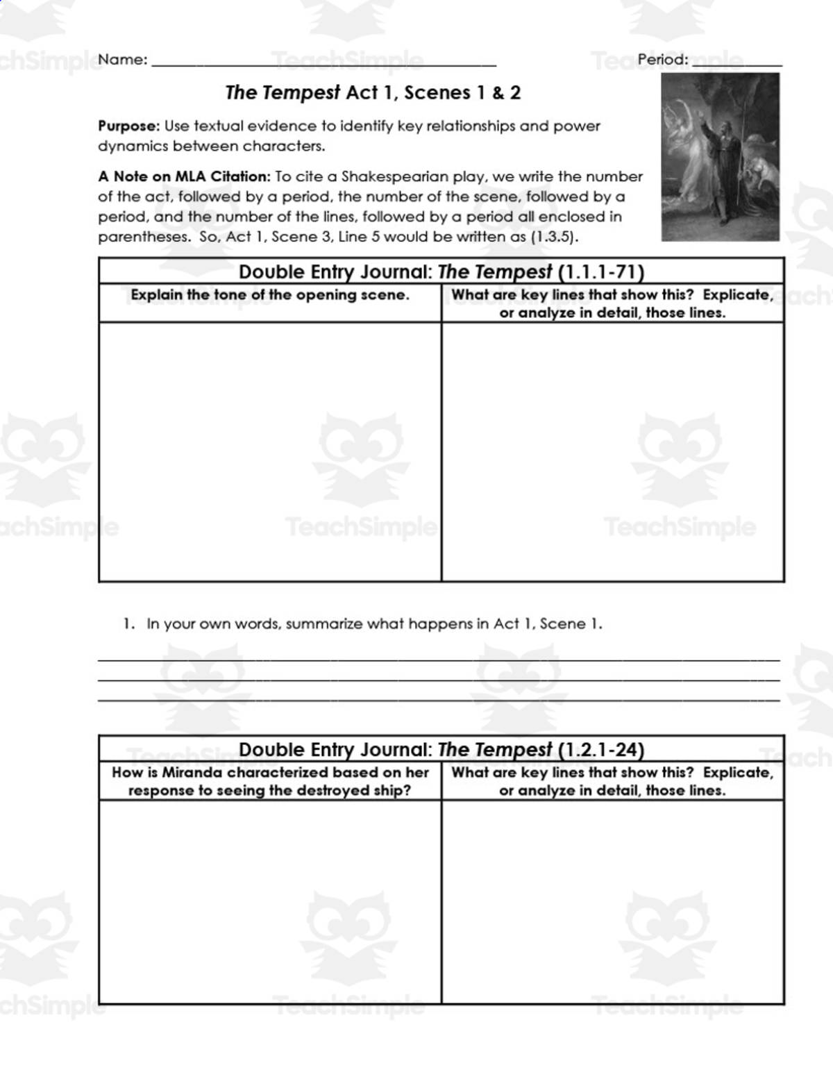 An educational teaching resource from ELA Resources entitled The Tempest Act 1, Scenes 1-2 | Double Entry Journals downloadable at Teach Simple.