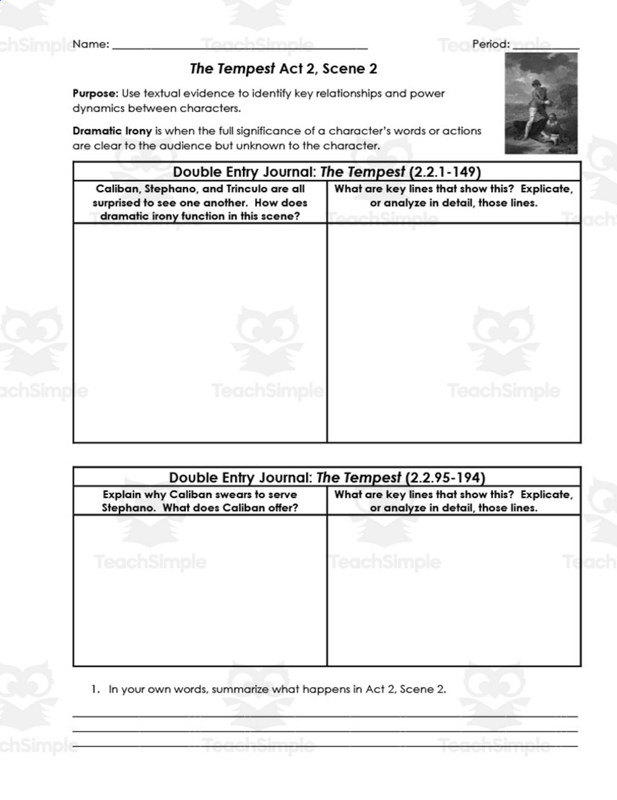 An educational teaching resource from ELA Resources entitled The Tempest Act 2, Scene 2 | Double Entry Journals downloadable at Teach Simple.