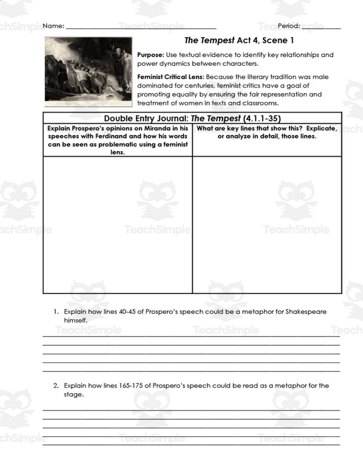 An educational teaching resource from ELA Resources entitled The Tempest Act 4, Scene 1 | Double Entry Journals downloadable at Teach Simple.