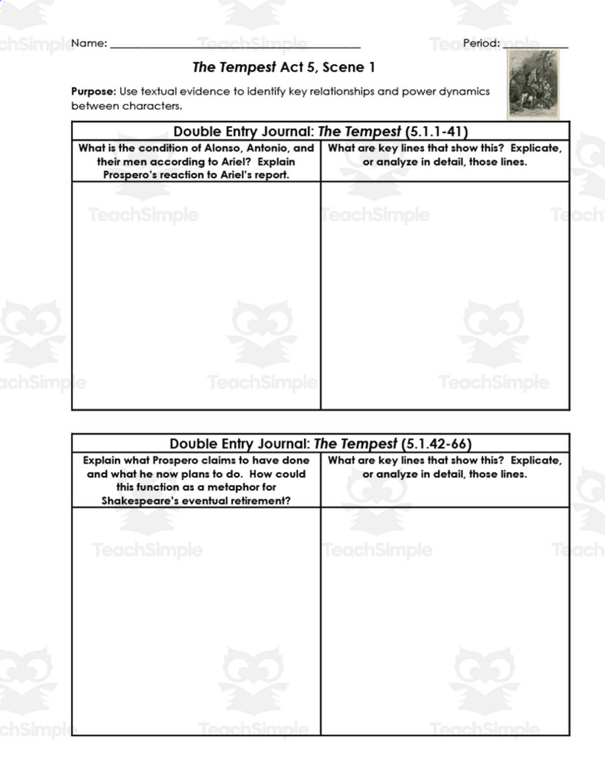 An educational teaching resource from ELA Resources entitled The Tempest Act 5, Scene 1 | Double Entry Journals downloadable at Teach Simple.