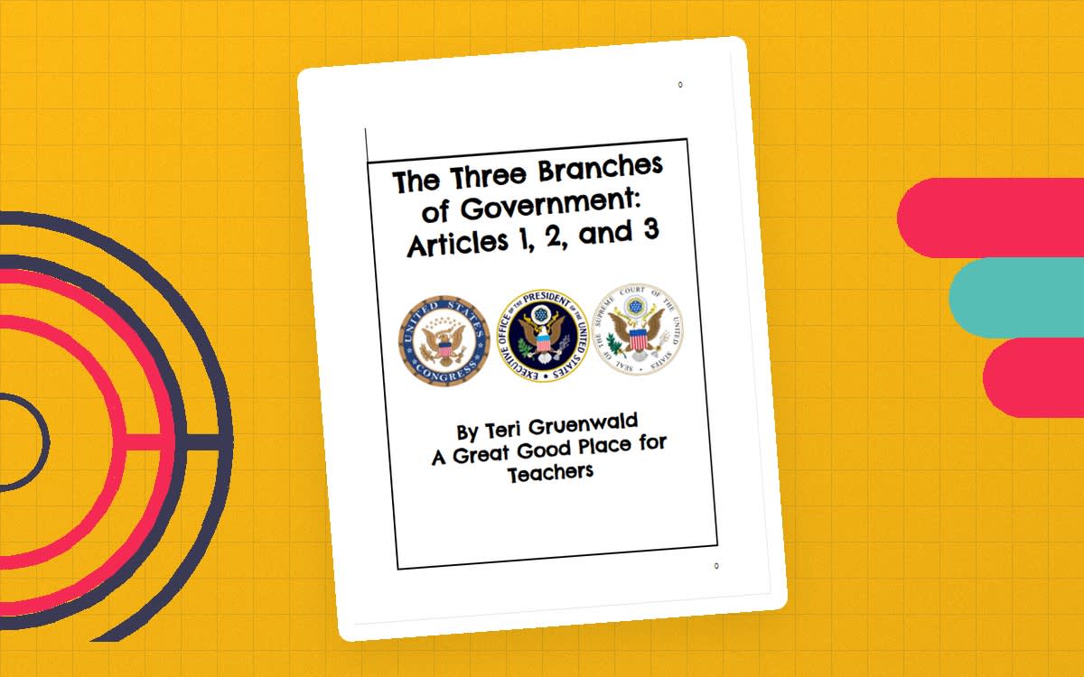 An educational teaching resource from Intentional Teaching and Learning entitled The Three Branches of Government: Articles 1, 2, and 3 downloadable at Teach Simple.