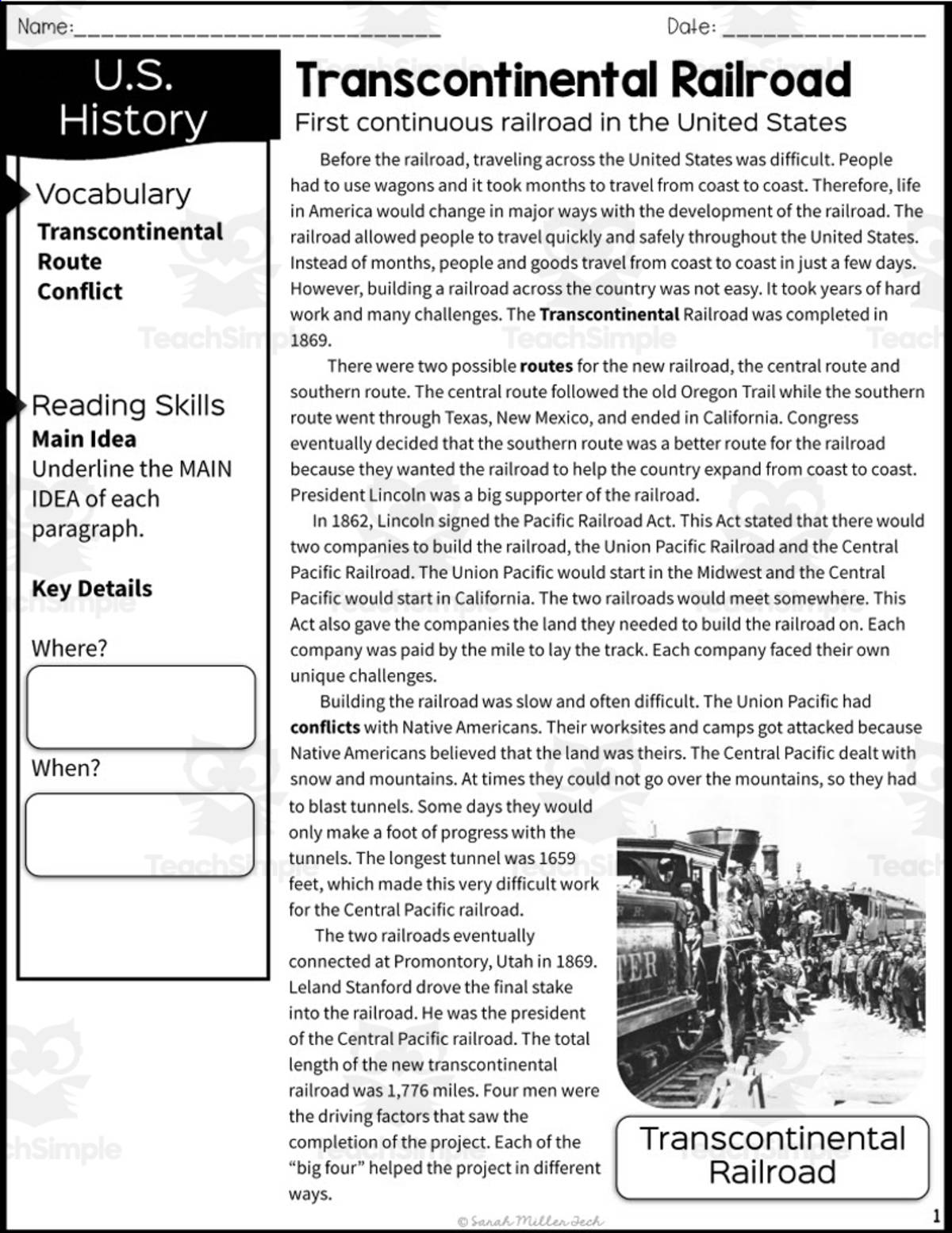 An educational teaching resource from Sarah Miller Tech entitled The Transcontinental Railroad Reading Packet downloadable at Teach Simple.