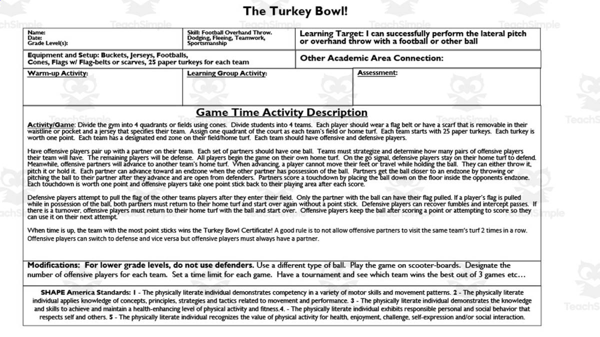 An educational teaching resource from Gems from the Gym entitled The Turkey Bowl PE Game downloadable at Teach Simple.