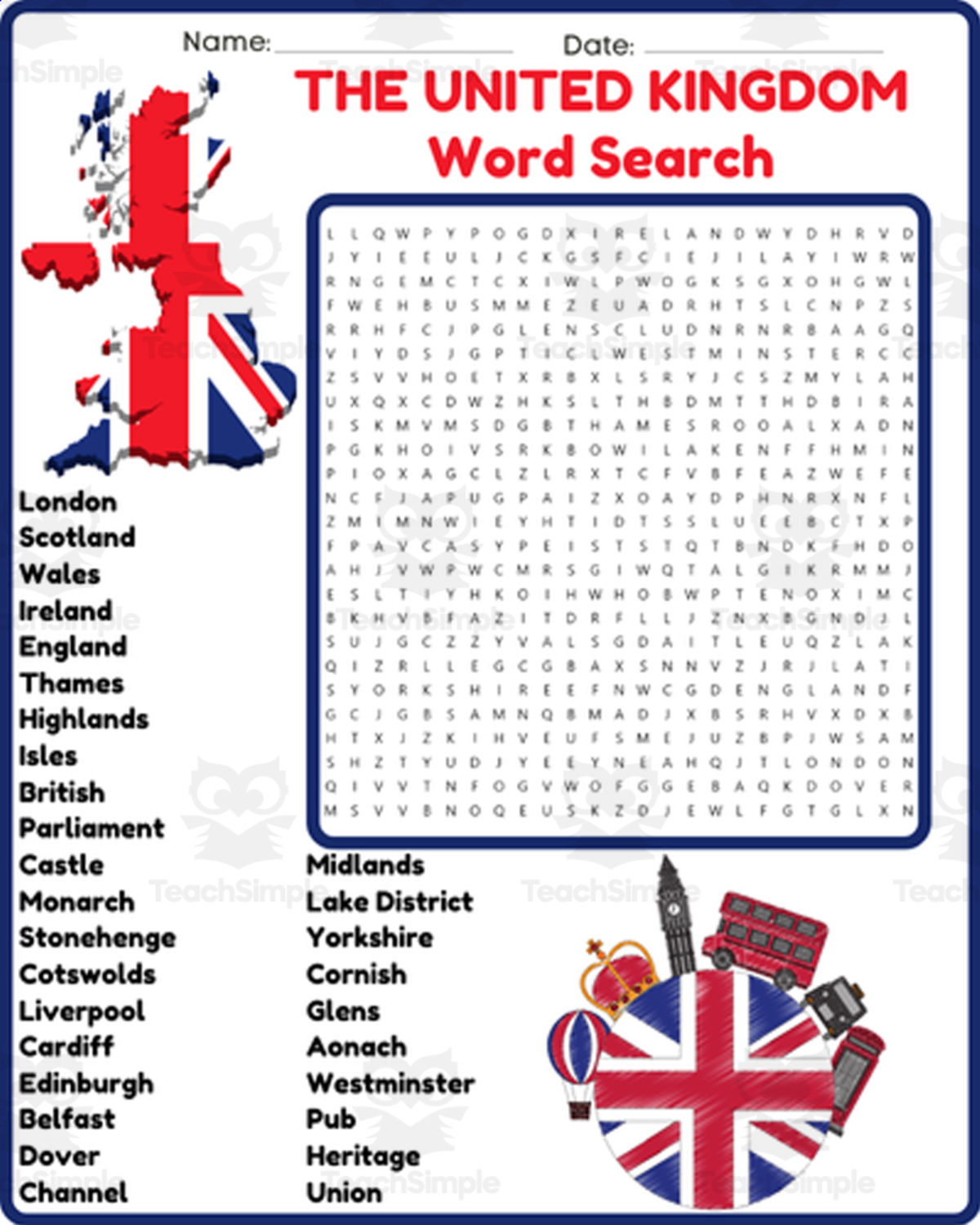 An educational teaching resource from space shope entitled THE UNITED KINGDOM UK Word Search Puzzle Worksheet Activity downloadable at Teach Simple.