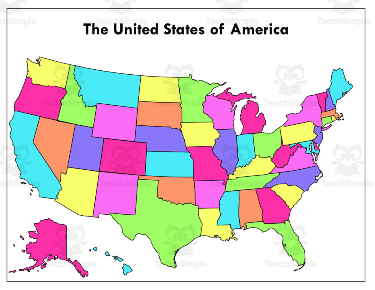 An educational teaching resource from educ_project entitled US Map – Colorful Geography Teaching Tool downloadable at Teach Simple.
