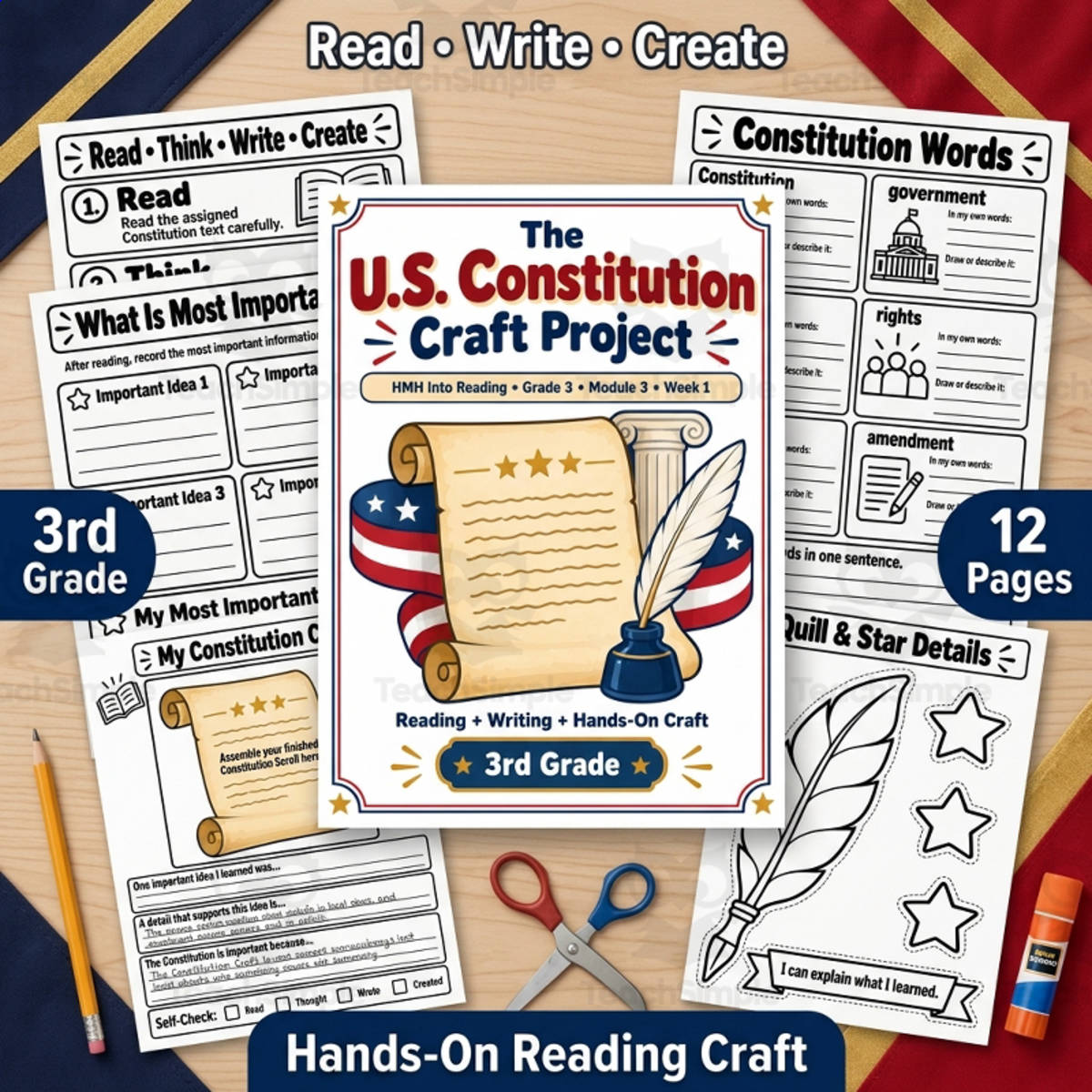 An educational teaching resource from TeachTrend Studio entitled The U.S. Constitution Craft Project | 3rd Grade Reading downloadable at Teach Simple.