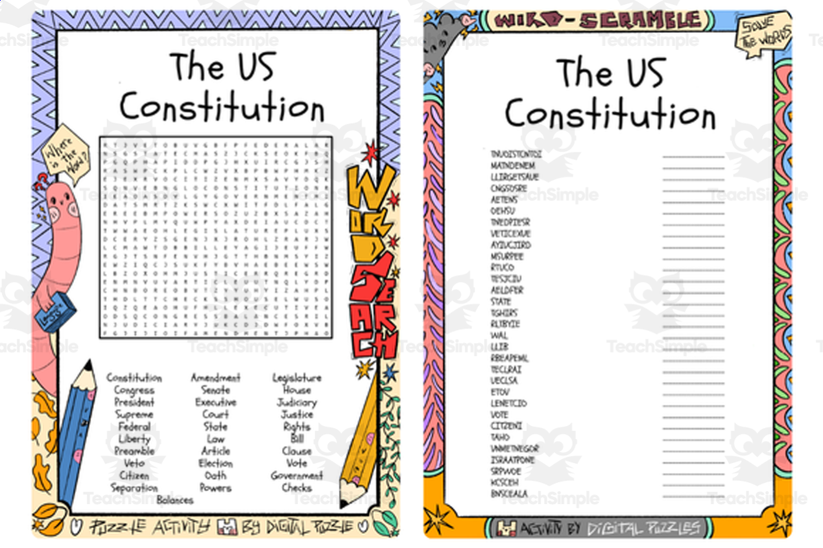An educational teaching resource from Lapiiin Art Activities entitled The US Constitution word search & scramble downloadable at Teach Simple.