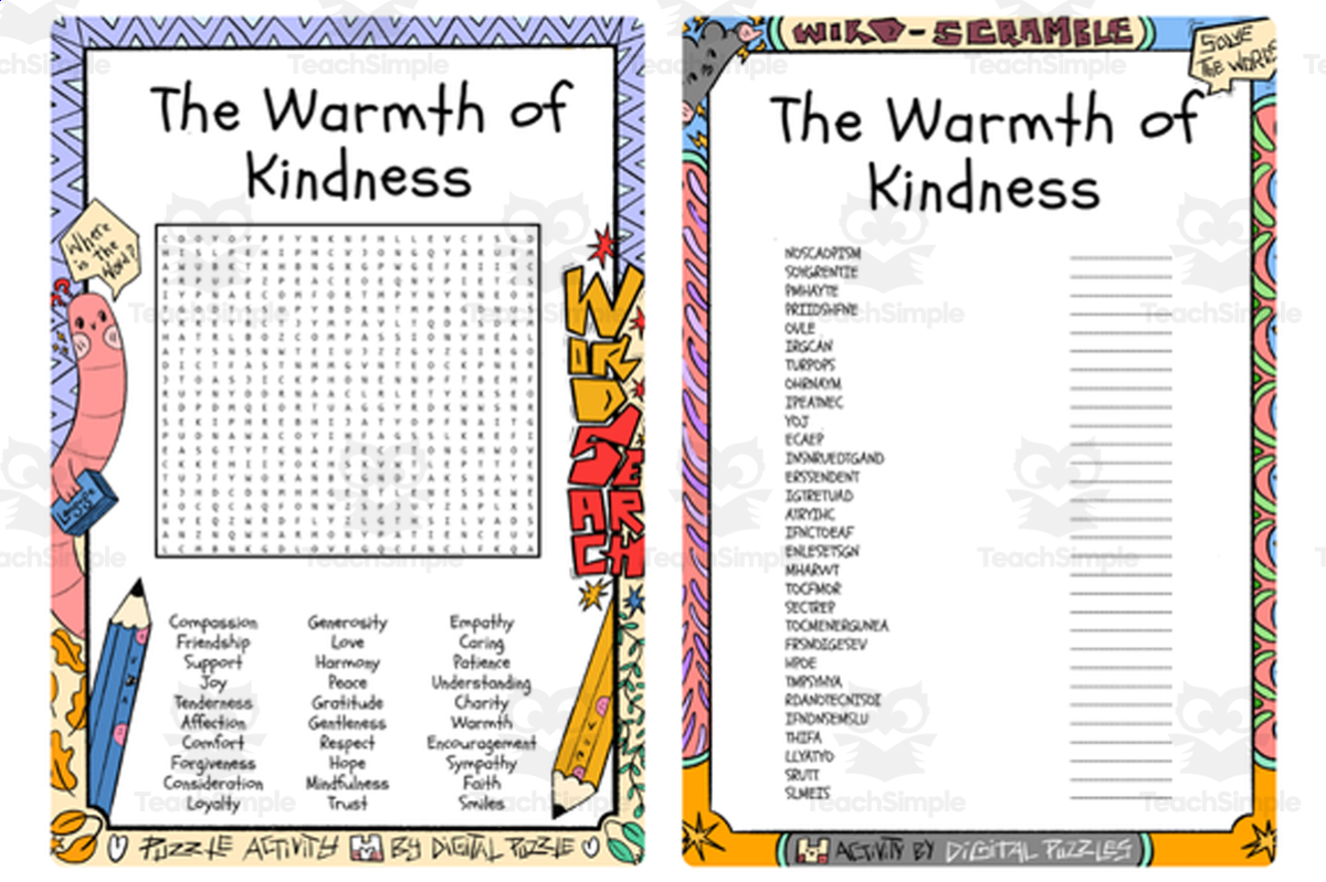 An educational teaching resource from Lapiiin Art Activities entitled The Warmth of Kindness word search & scramble downloadable at Teach Simple.