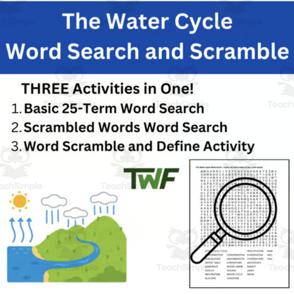An educational teaching resource from Teach With Fergy entitled The Water Cycle Word Search and Scramble Activity downloadable at Teach Simple.