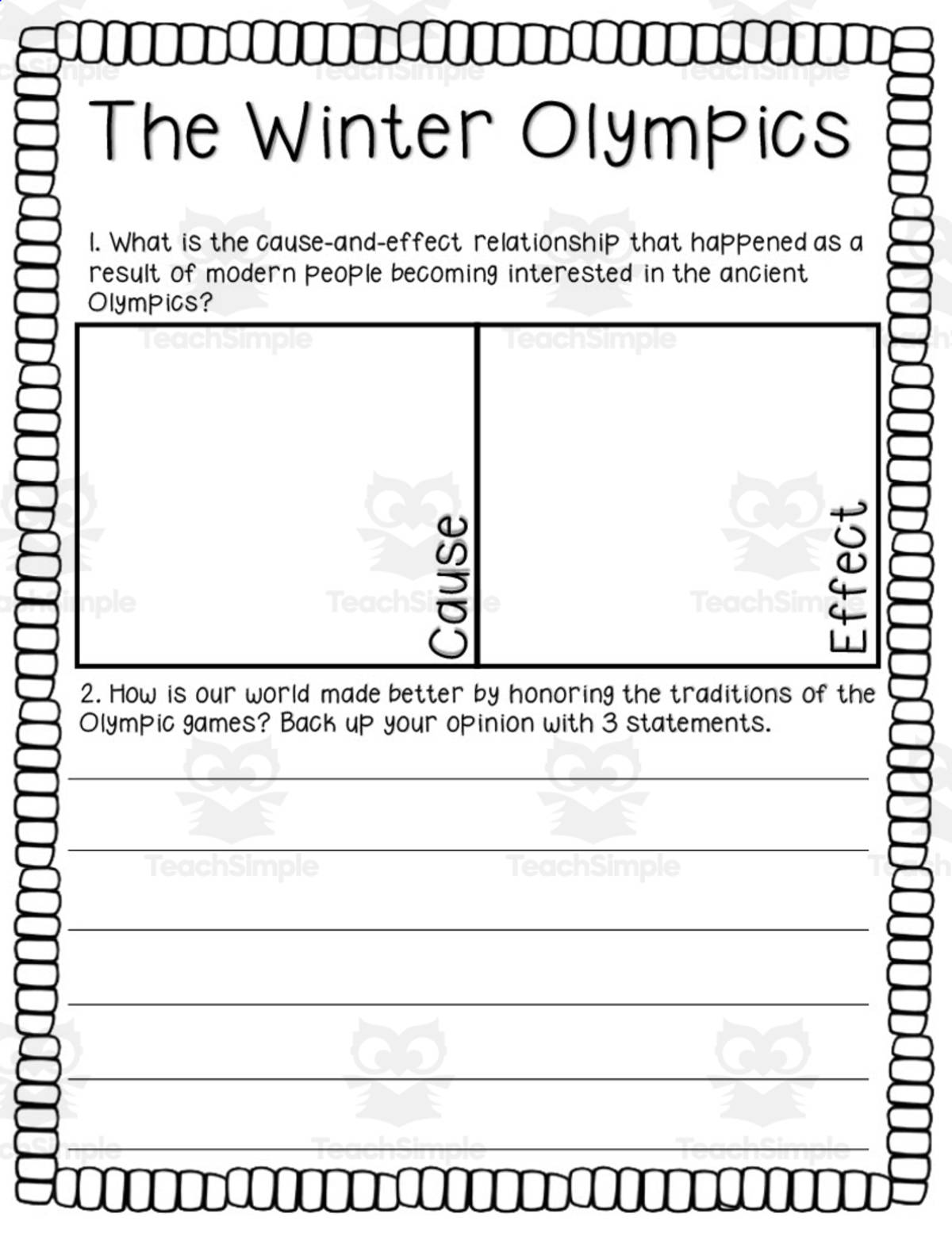 An educational teaching resource from Glitter and Grace entitled The Winter Olympics Activity Packet downloadable at Teach Simple.