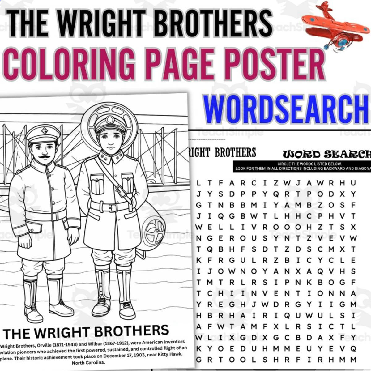 An educational teaching resource from Funnyworksheets entitled THE WRIGHT BROTHERS Coloring Page Poster & Wordsearch PUZZLE downloadable at Teach Simple.
