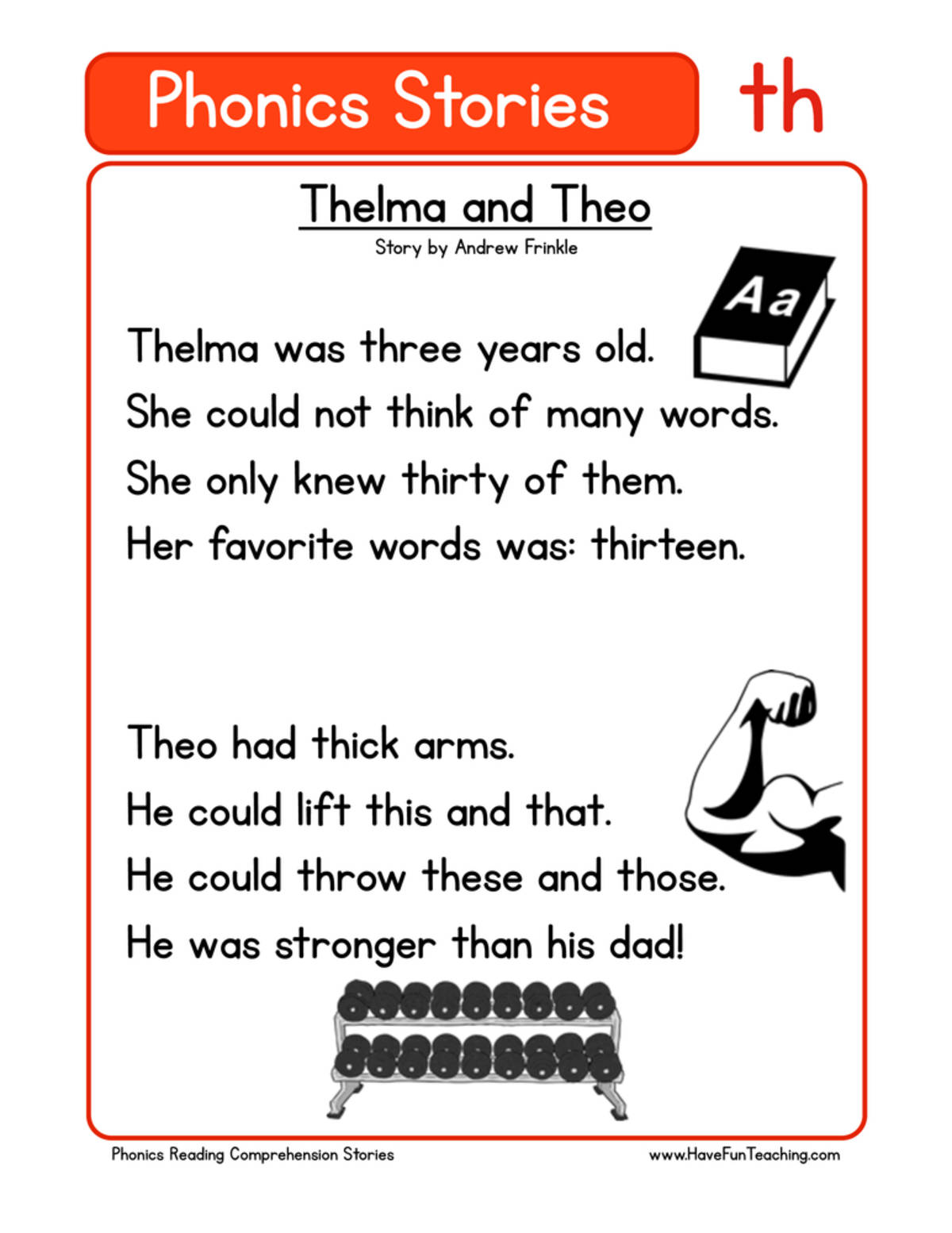 An educational teaching resource from Have Fun Teaching entitled Thelma and Theo TH Phonics Stories Reading Comprehension Worksheet downloadable at Teach Simple.