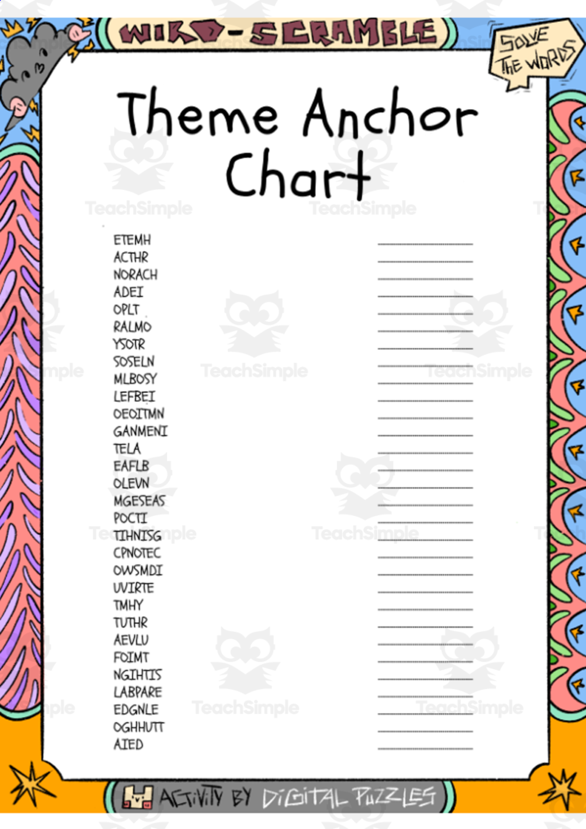 An educational teaching resource from Lapiiin Art Activities entitled Theme Anchor Chart word Scramble puzzle worksheet downloadable at Teach Simple.