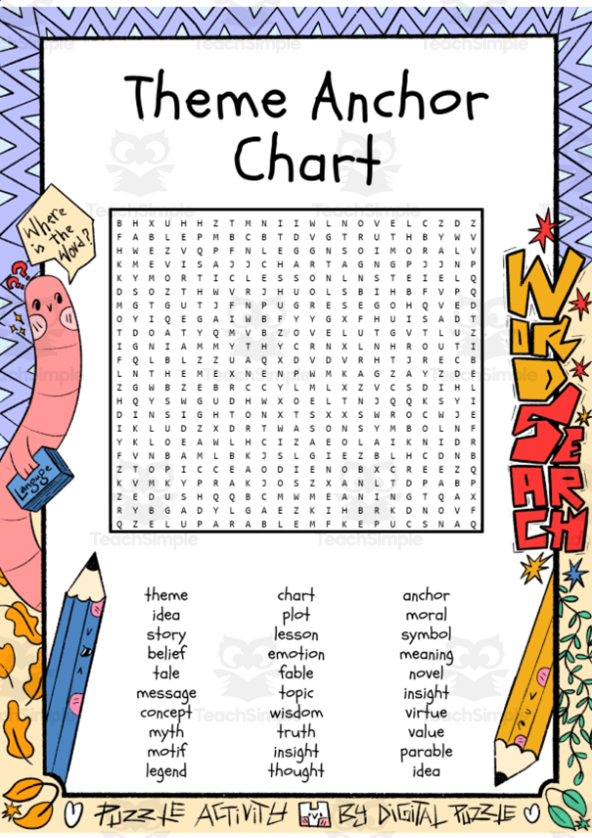 An educational teaching resource from Lapiiin Art Activities entitled Theme Anchor Chart word search puzzle worksheet activity downloadable at Teach Simple.