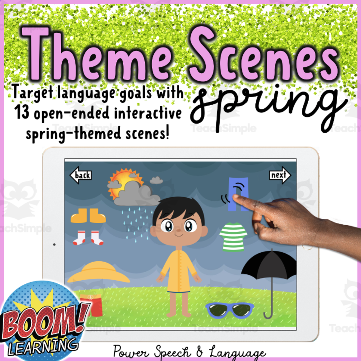 An educational teaching resource from Power Speech and Language entitled Theme Scenes Spring, Boom Cards Speech Therapy, Easter, Springtime, Weather downloadable at Teach Simple.