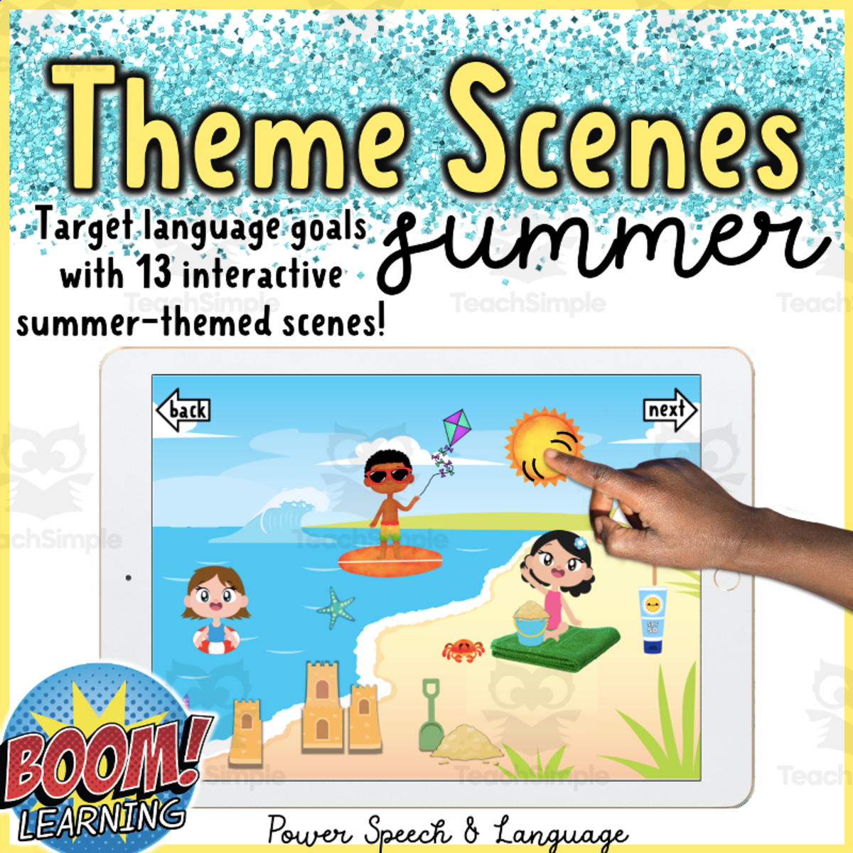 An educational teaching resource from Power Speech and Language entitled Theme Scenes Summer, Boom Cards Speech Therapy, 4th of July, Beach, Ocean downloadable at Teach Simple.