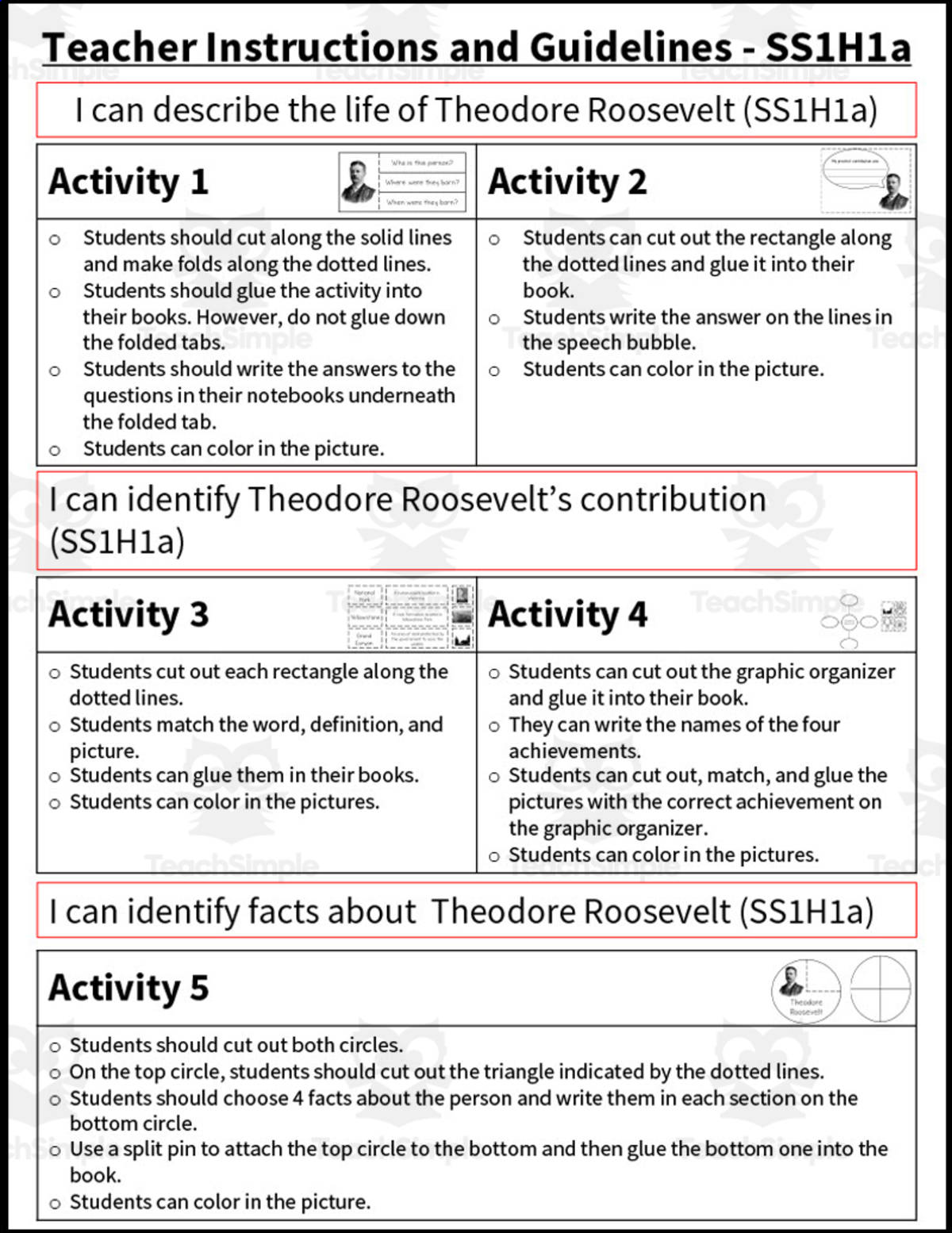 An educational teaching resource from Sarah Miller Tech entitled Theodore Roosevelt Interactive Notebook | SS1H1a, SS1H1b, SS1G1a, SS1CG1 downloadable at Teach Simple.