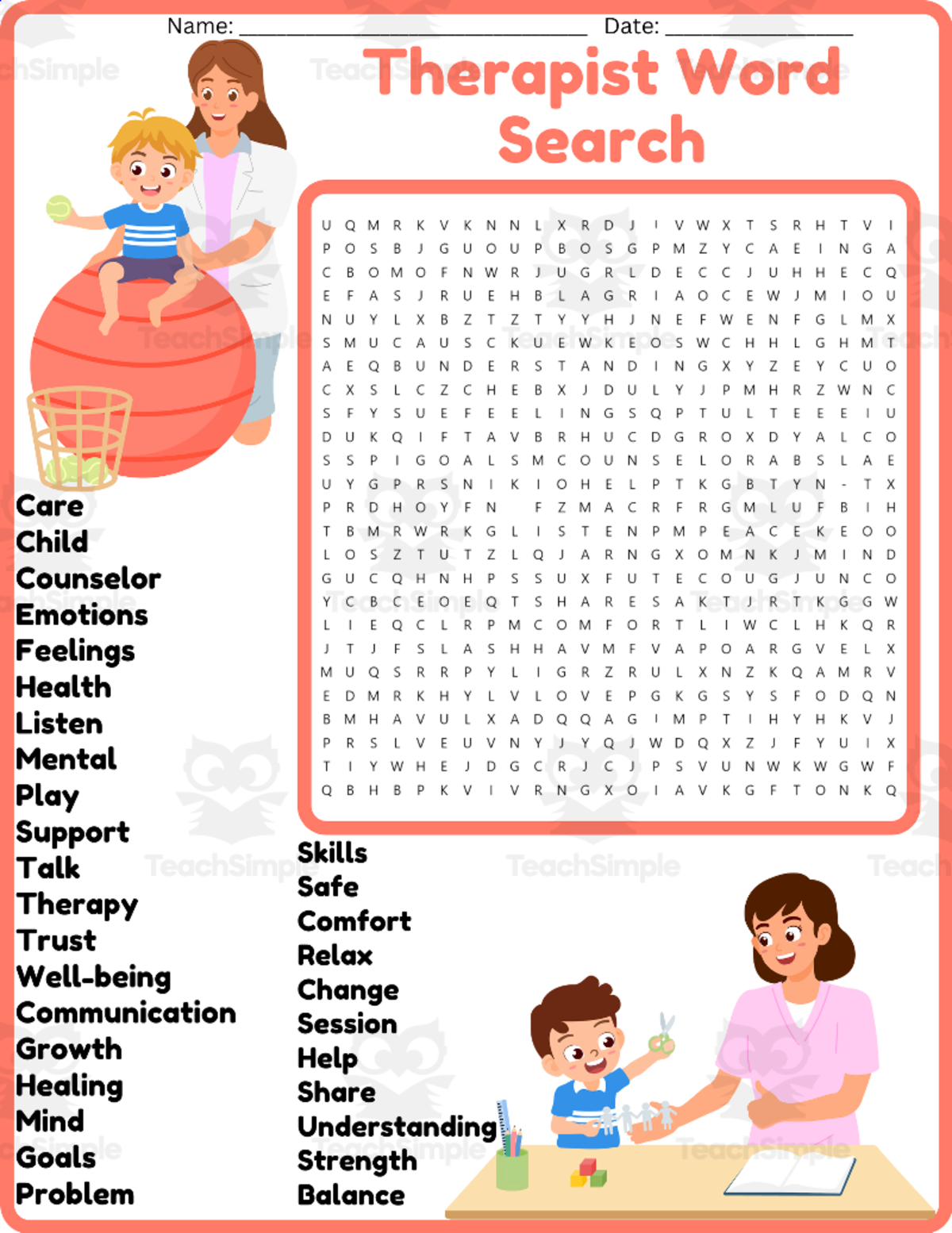 An educational teaching resource from space shope entitled Therapist Word Search Puzzle Worksheet Activities downloadable at Teach Simple.