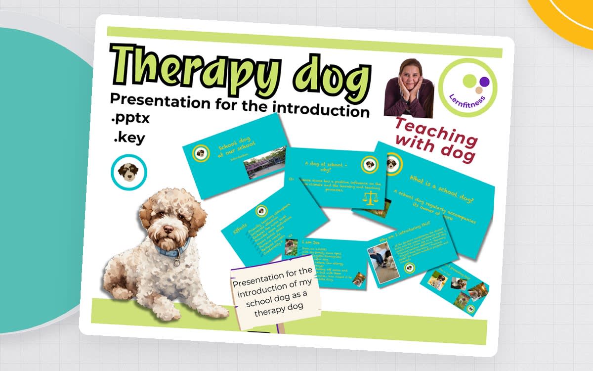 An educational teaching resource from Lernfitness entitled Therapy Dog Introduction Presentation – Editable PowerPoint & Keynote downloadable at Teach Simple.