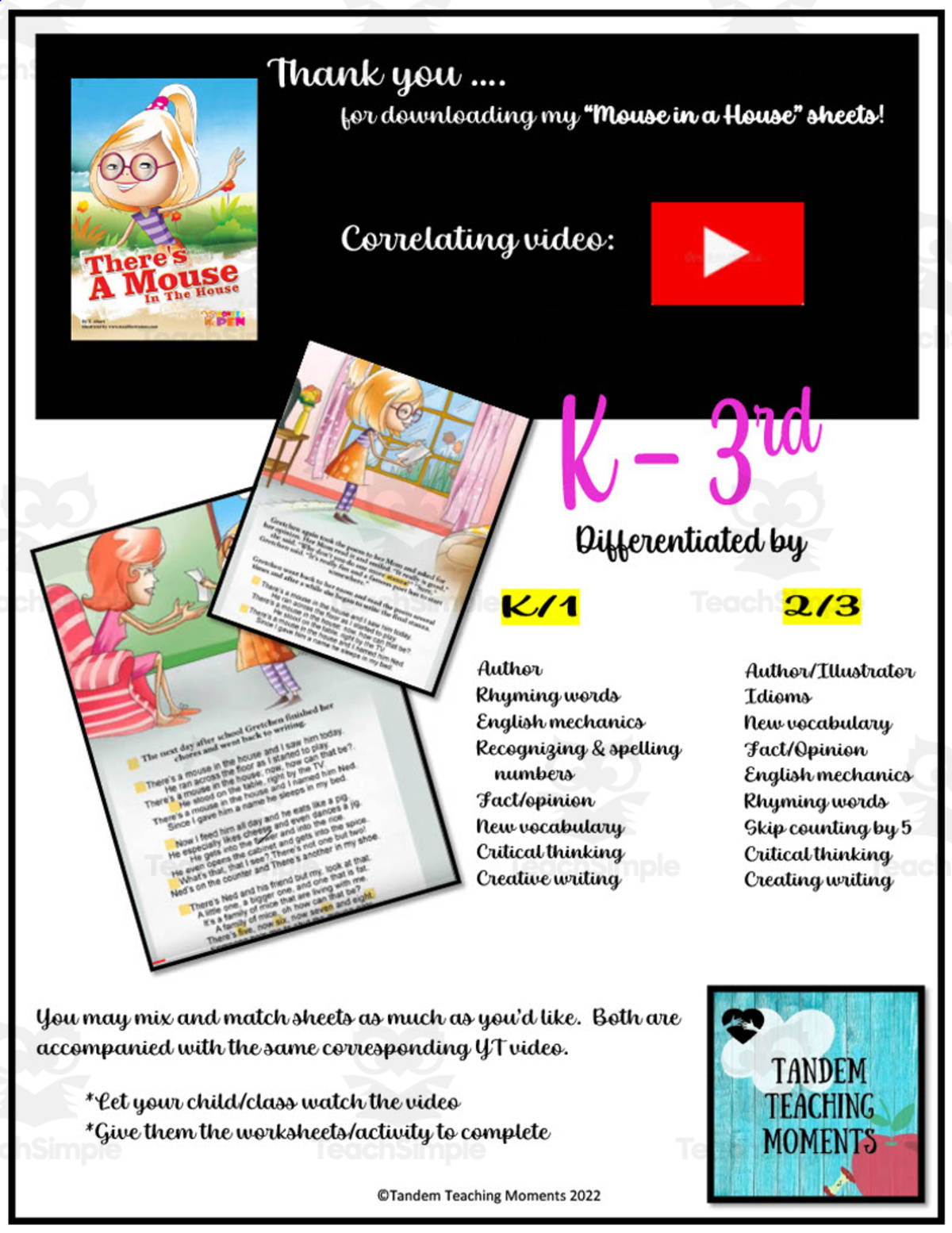 An educational teaching resource from Tandem Teaching Moments entitled "There's a Mouse in the House" Worksheet Packet downloadable at Teach Simple.