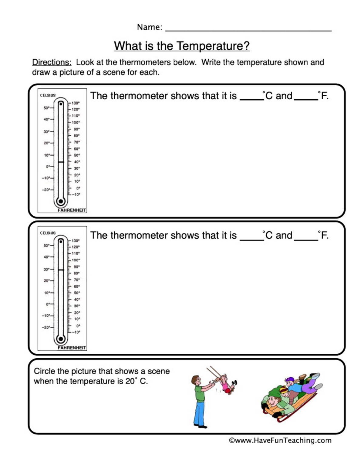 An educational teaching resource from Have Fun Teaching entitled Thermometer Reading Worksheet downloadable at Teach Simple.