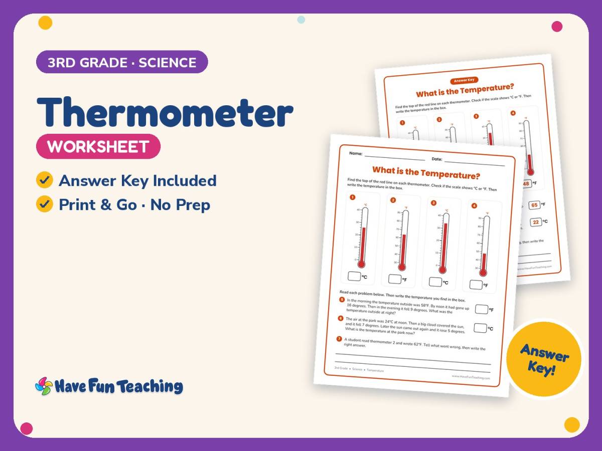 Thermometer Worksheet – 3rd Grade Science Practice + Answer Key preview