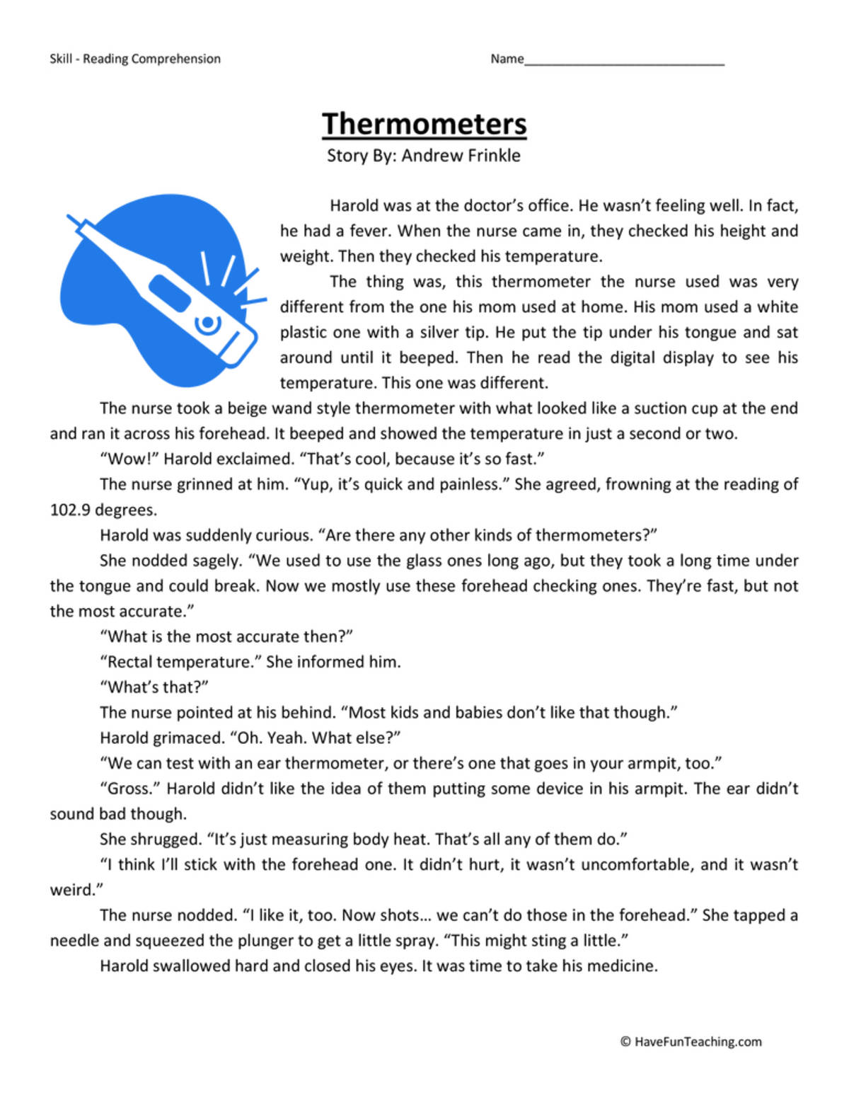 An educational teaching resource from Have Fun Teaching entitled Thermometers Reading Comprehension Worksheet downloadable at Teach Simple.