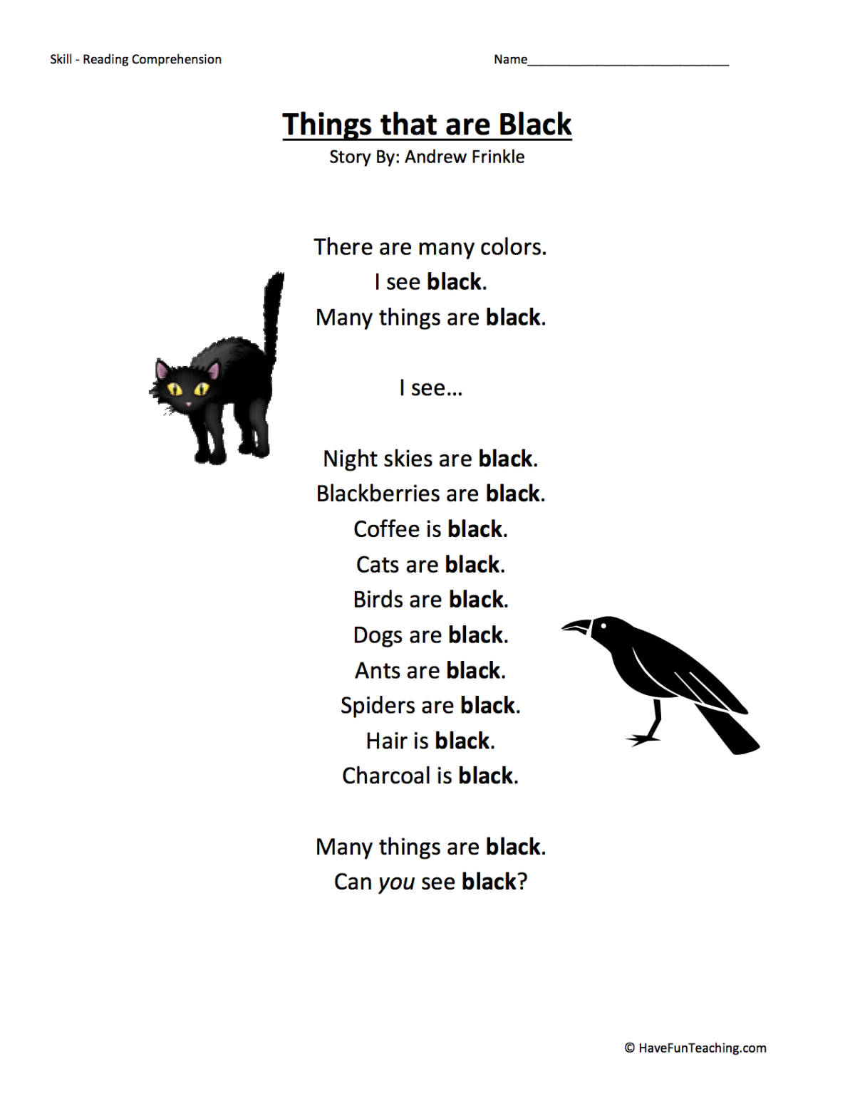 An educational teaching resource from Have Fun Teaching entitled Things that are Black Reading Comprehension Worksheet downloadable at Teach Simple.
