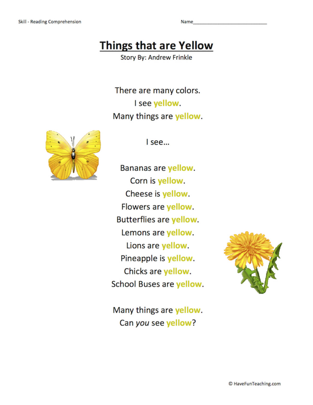 An educational teaching resource from Have Fun Teaching entitled Things that are Yellow Reading Comprehension Worksheet downloadable at Teach Simple.