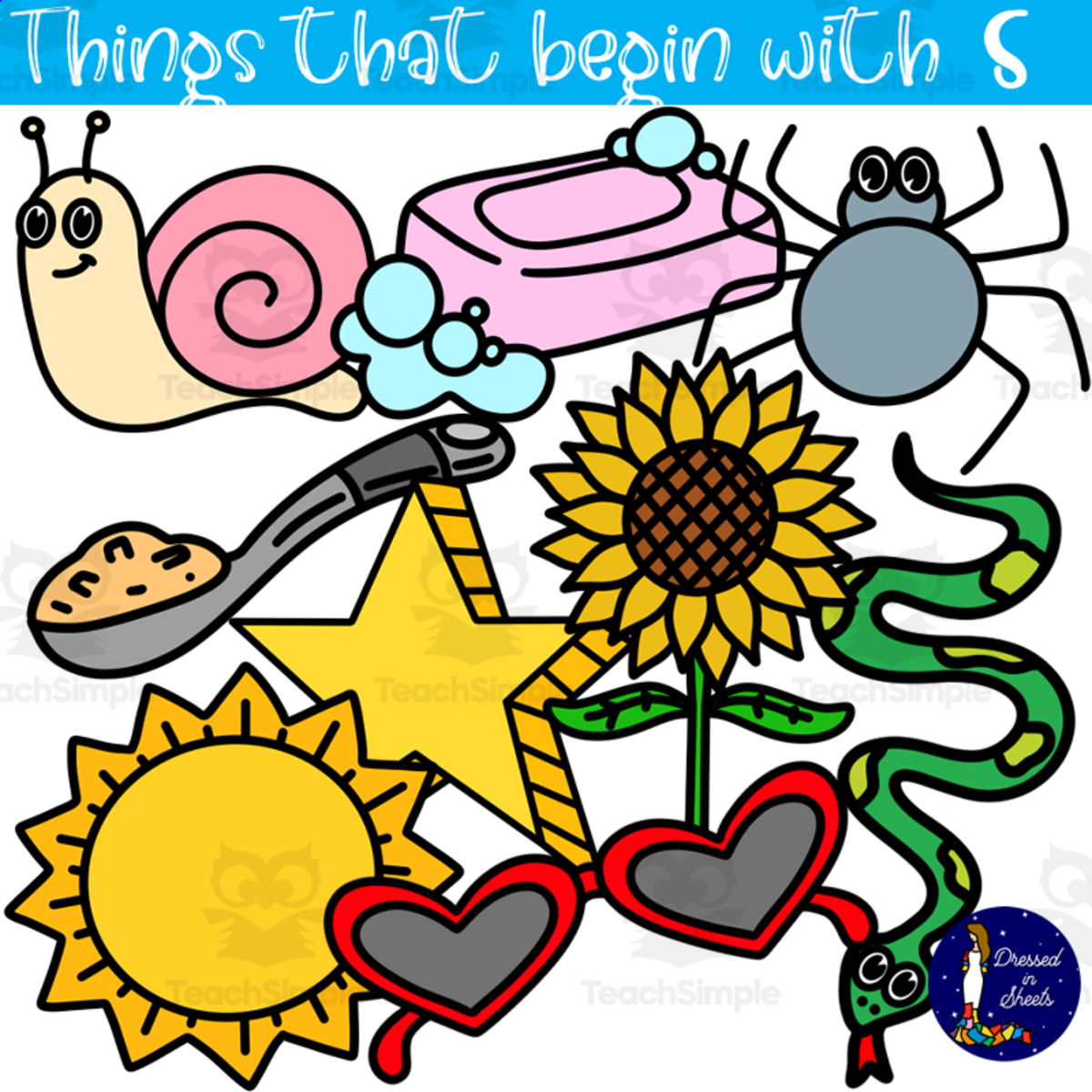 An educational teaching resource from Soumara Siddiqui entitled Things That Begin With S downloadable at Teach Simple.